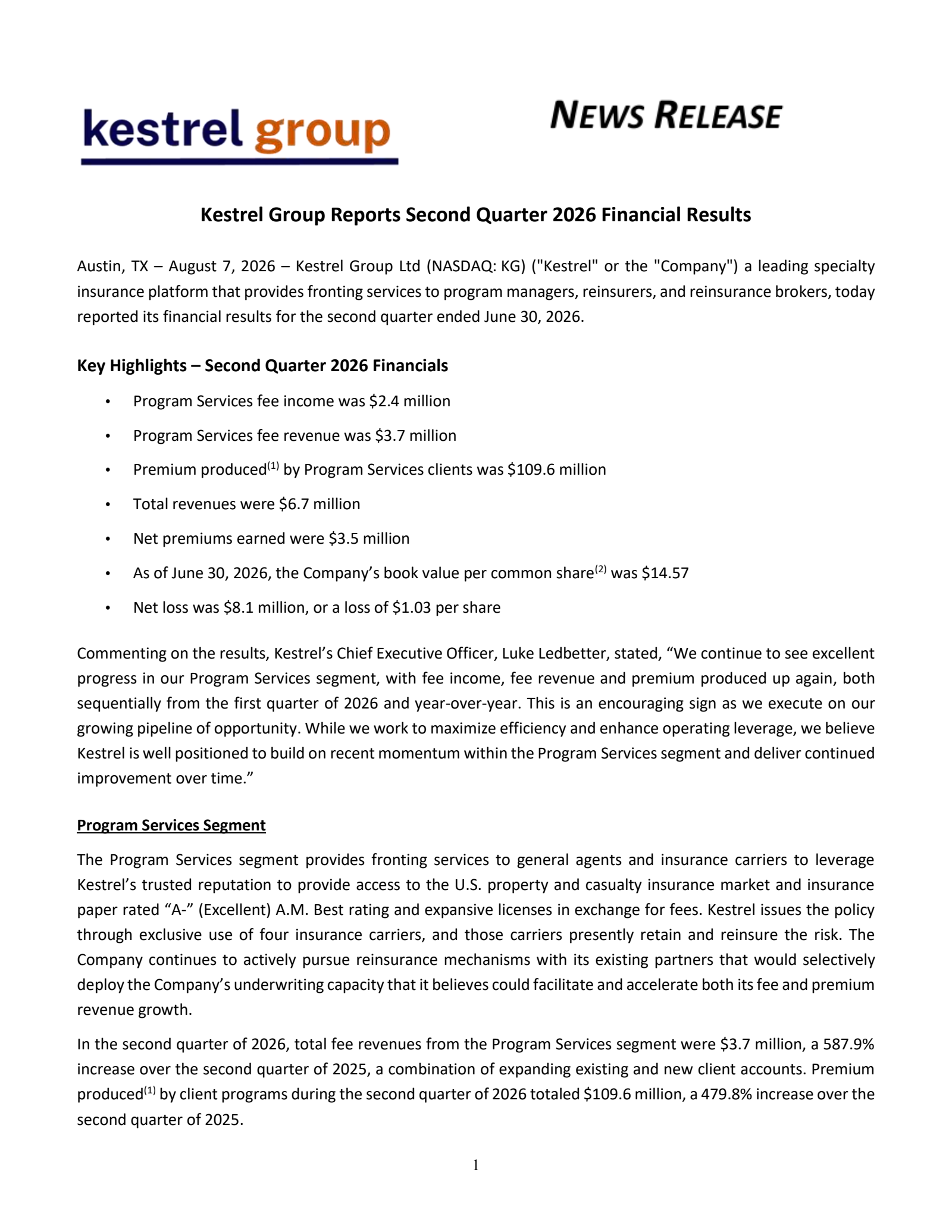 Ranger Bermuda Topco's Q2 2026 Press Release
