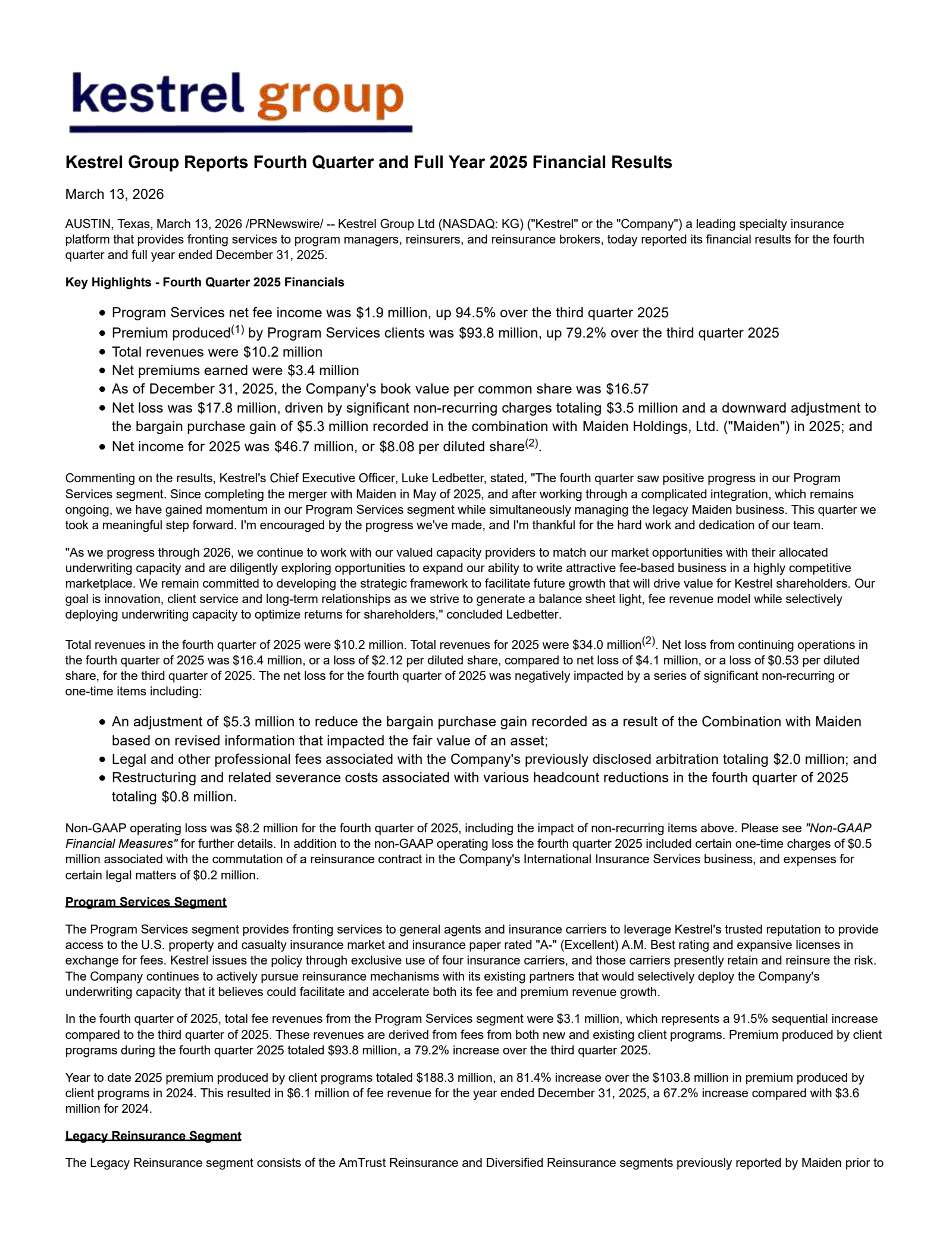 Ranger Bermuda Topco's Q4 2025 Press Release