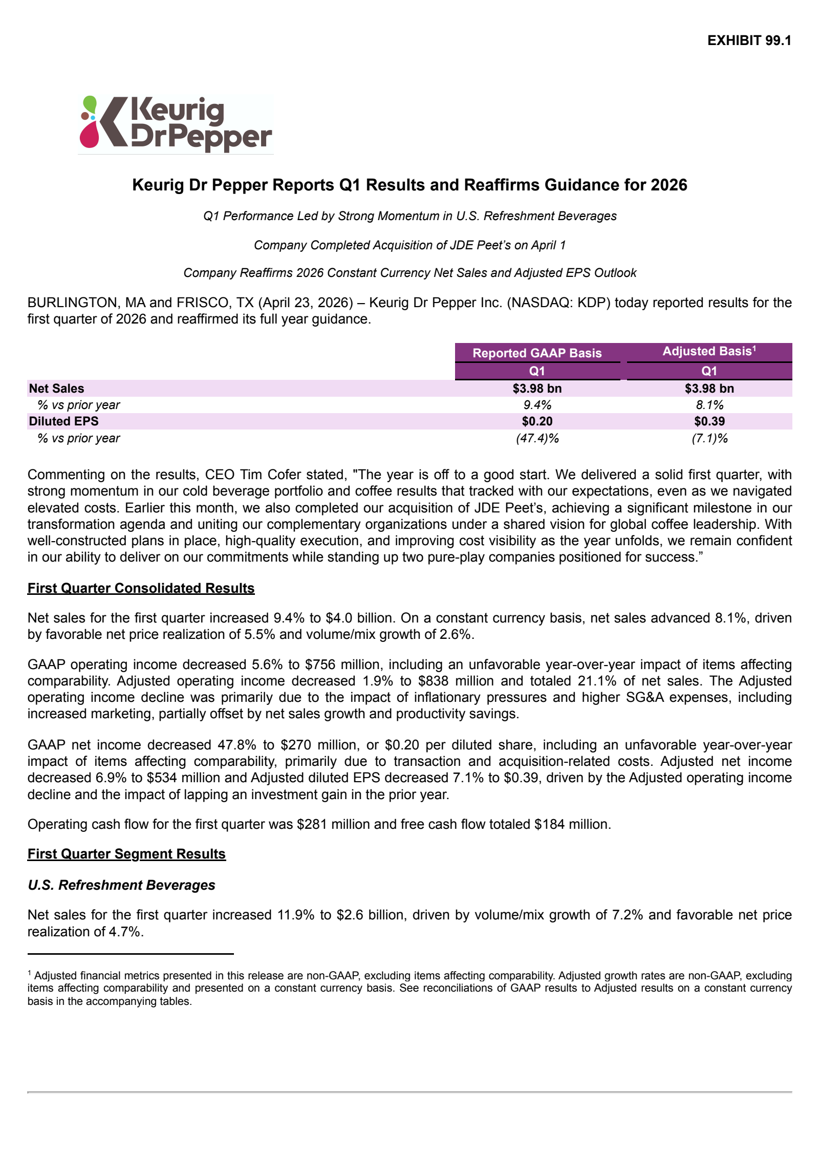 Keurig Dr Pepper's Q1 2026 Press Release