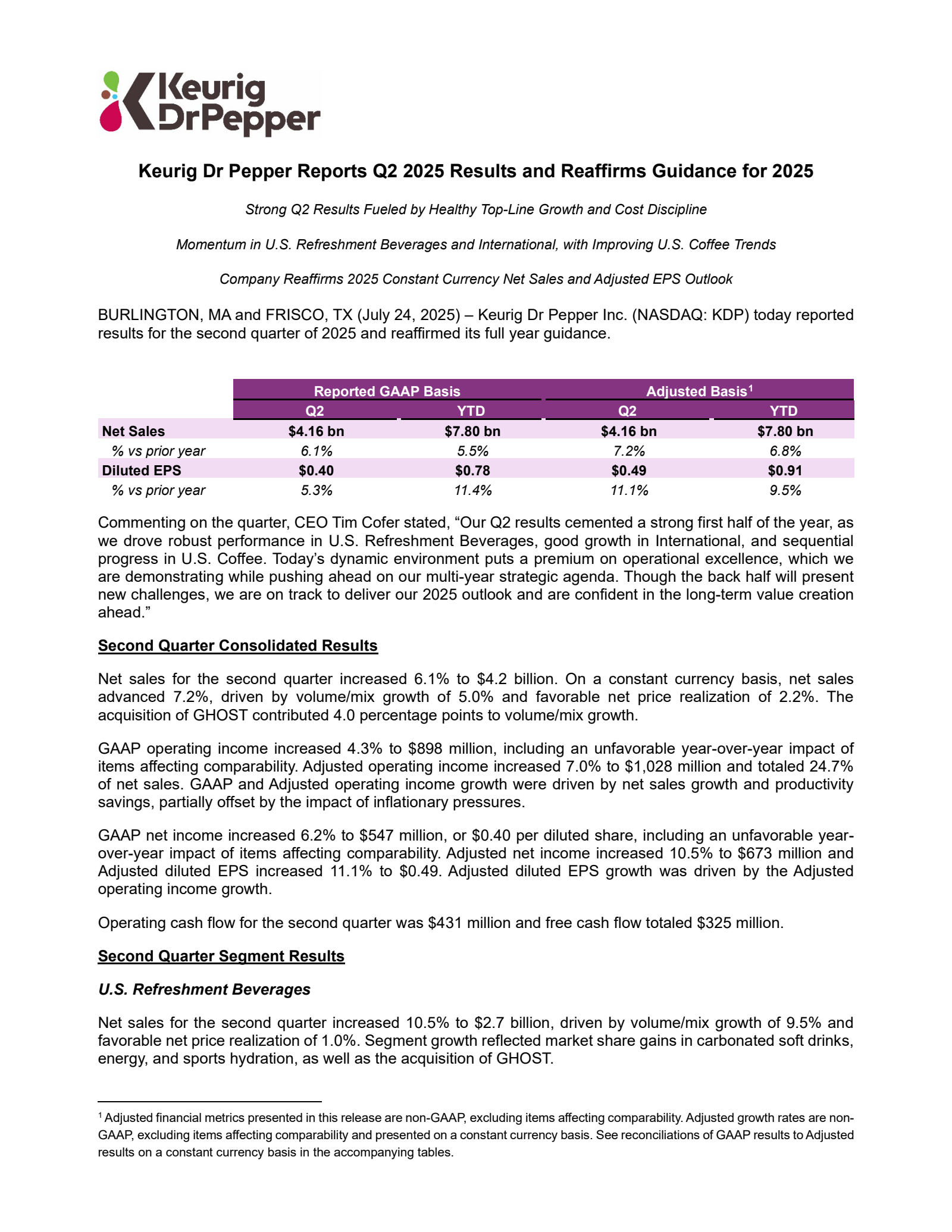 Keurig Dr Pepper's Q2 2025 Press Release