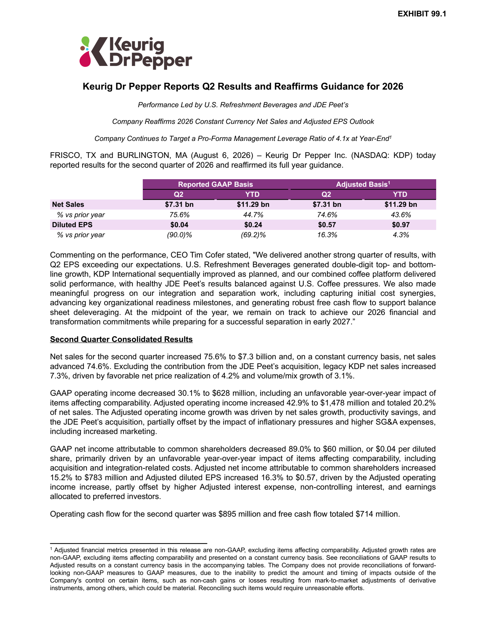 Keurig Dr Pepper's Q2 2026 Press Release