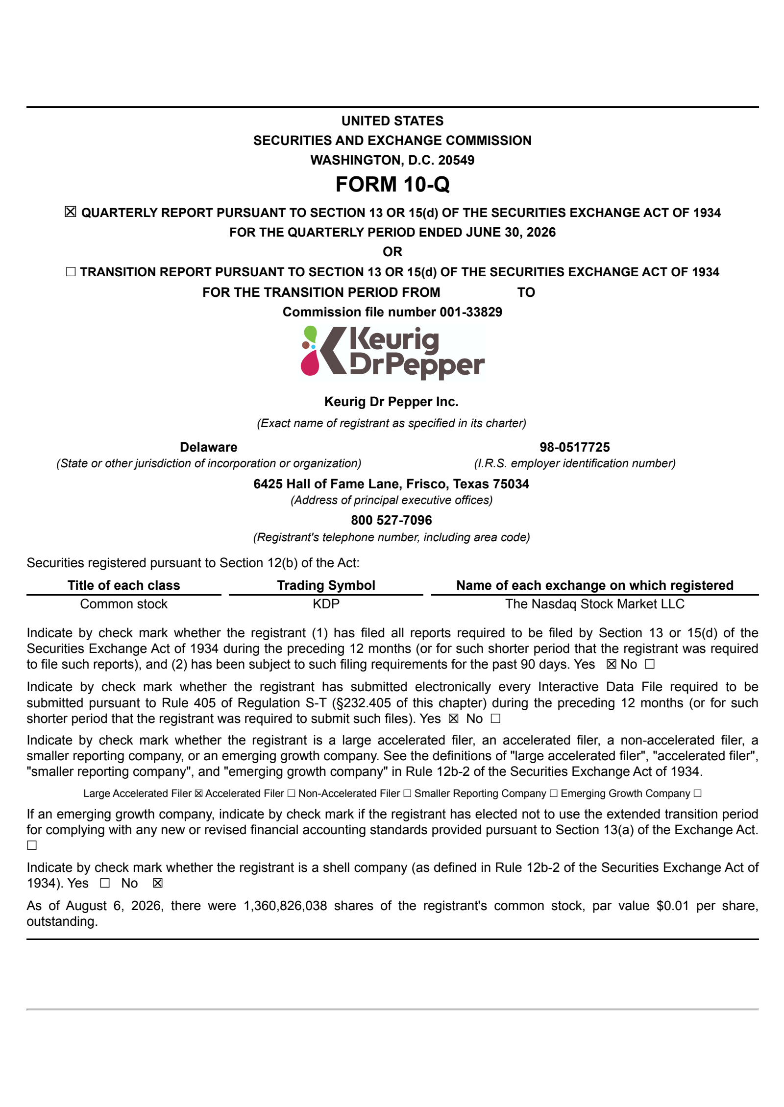 Keurig Dr Pepper's Q2 2026 Quarterly report