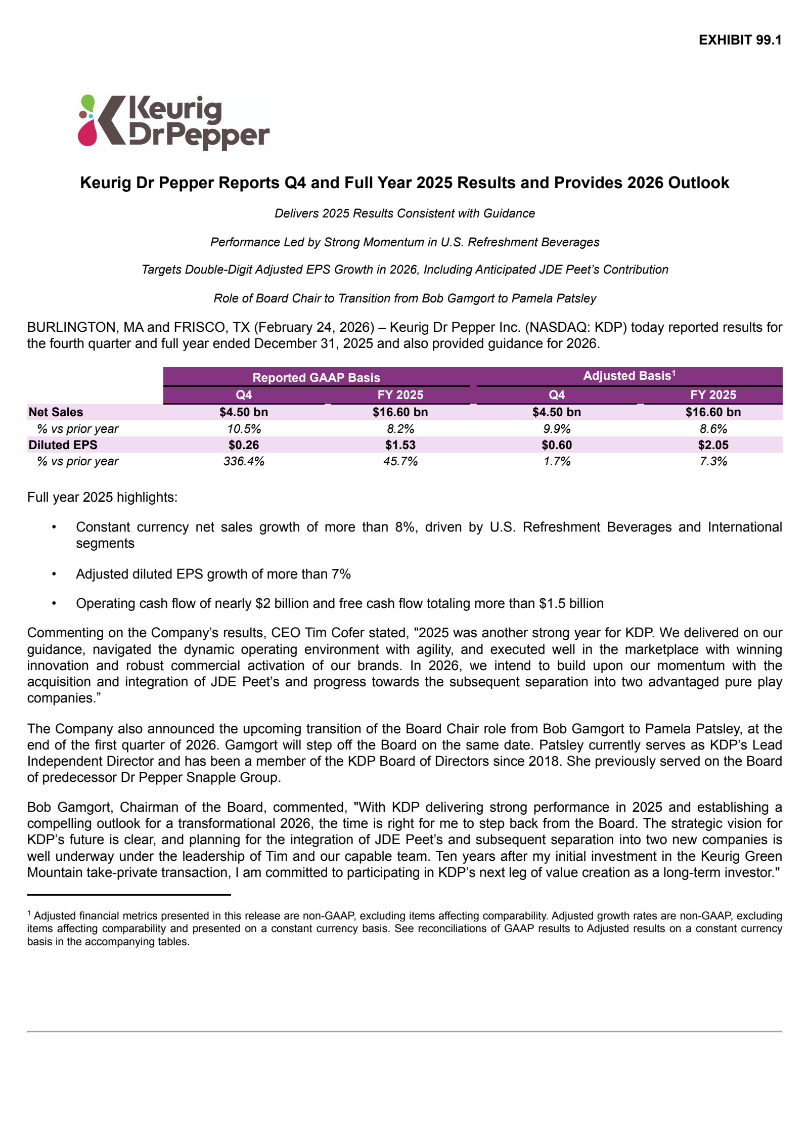 Keurig Dr Pepper's Q4 2025 Press Release