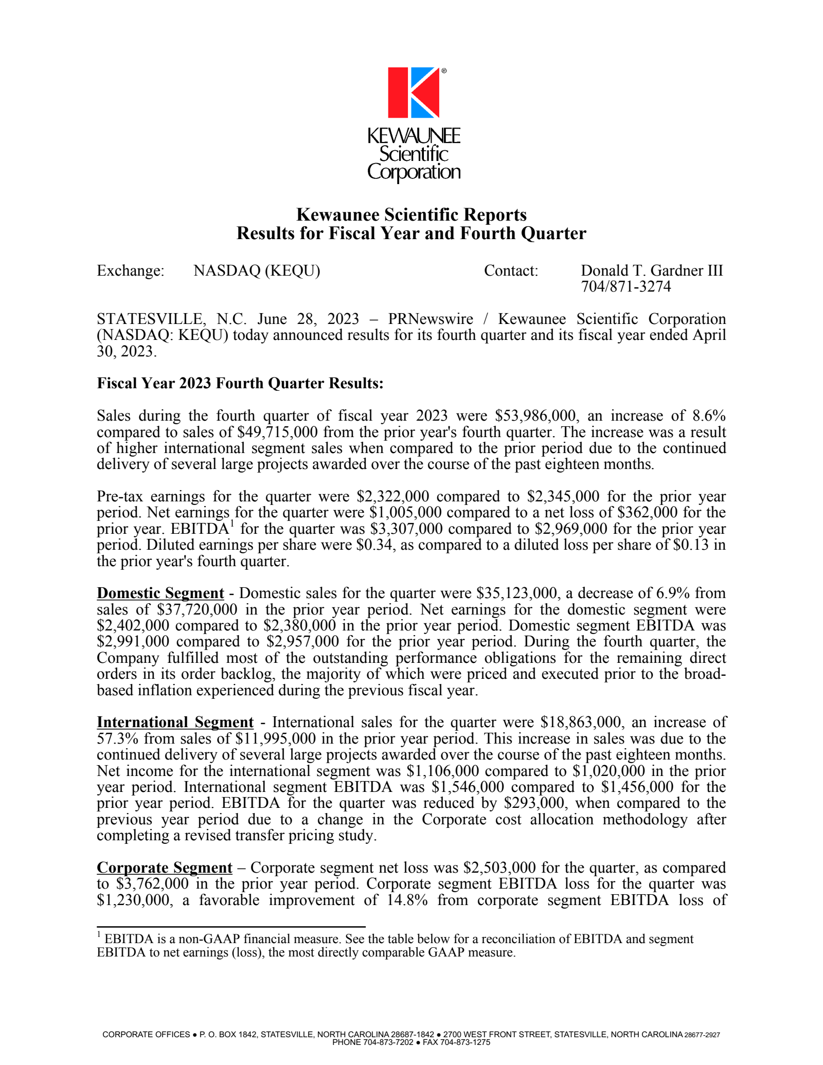 Kewaunee Scientific's Q4 2022 Press Release