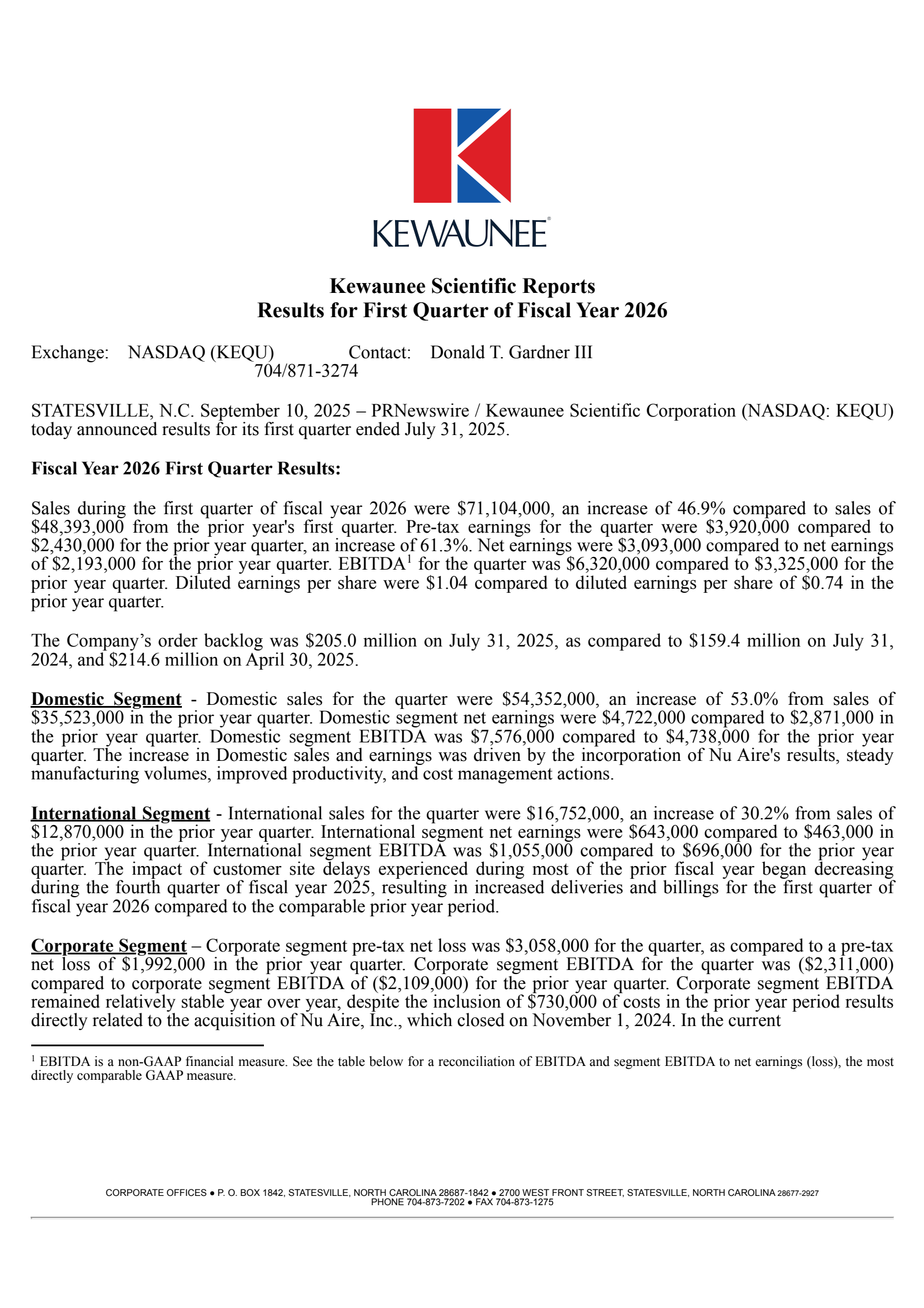 Kewaunee Scientific's Q1 2026 Earnings Release