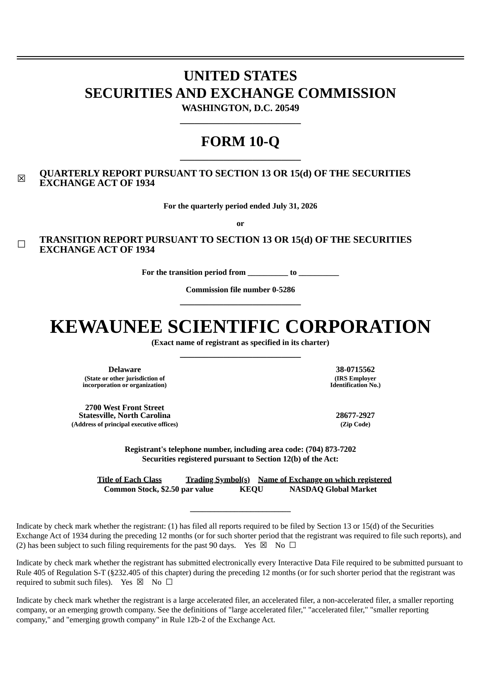 Kewaunee Scientific's Q1 2027 Quarterly report