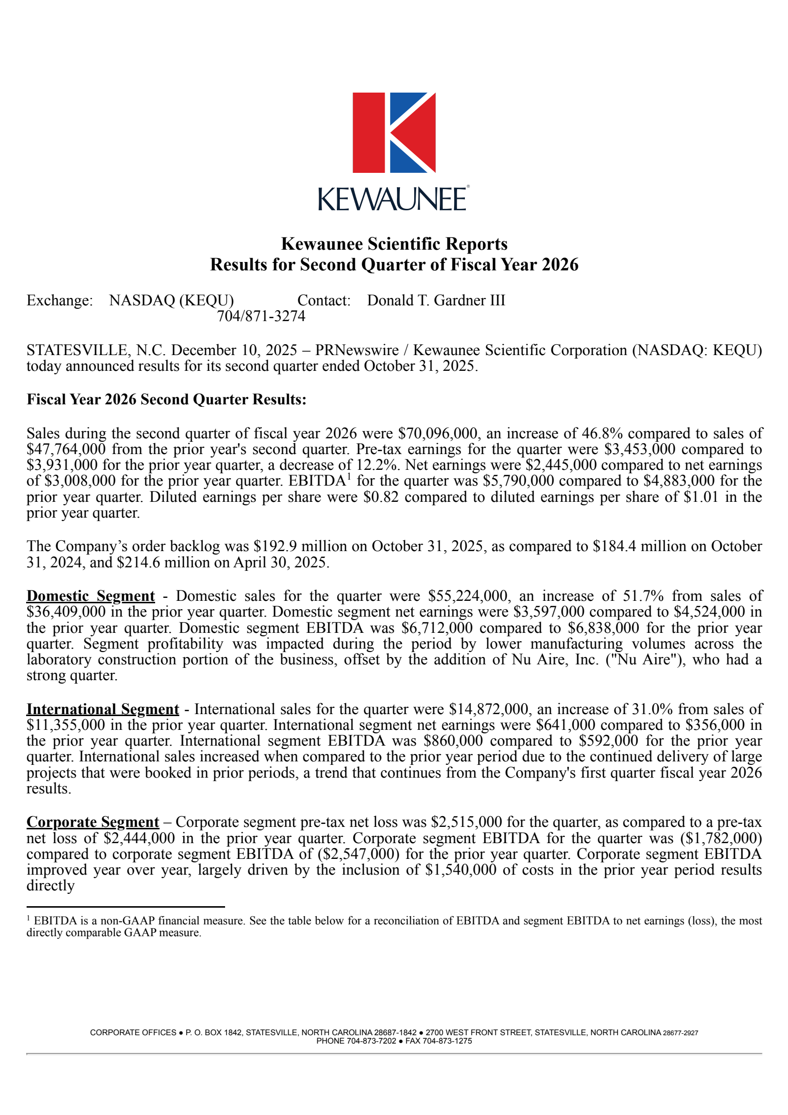 Kewaunee Scientific's Q2 2026 Earnings Release