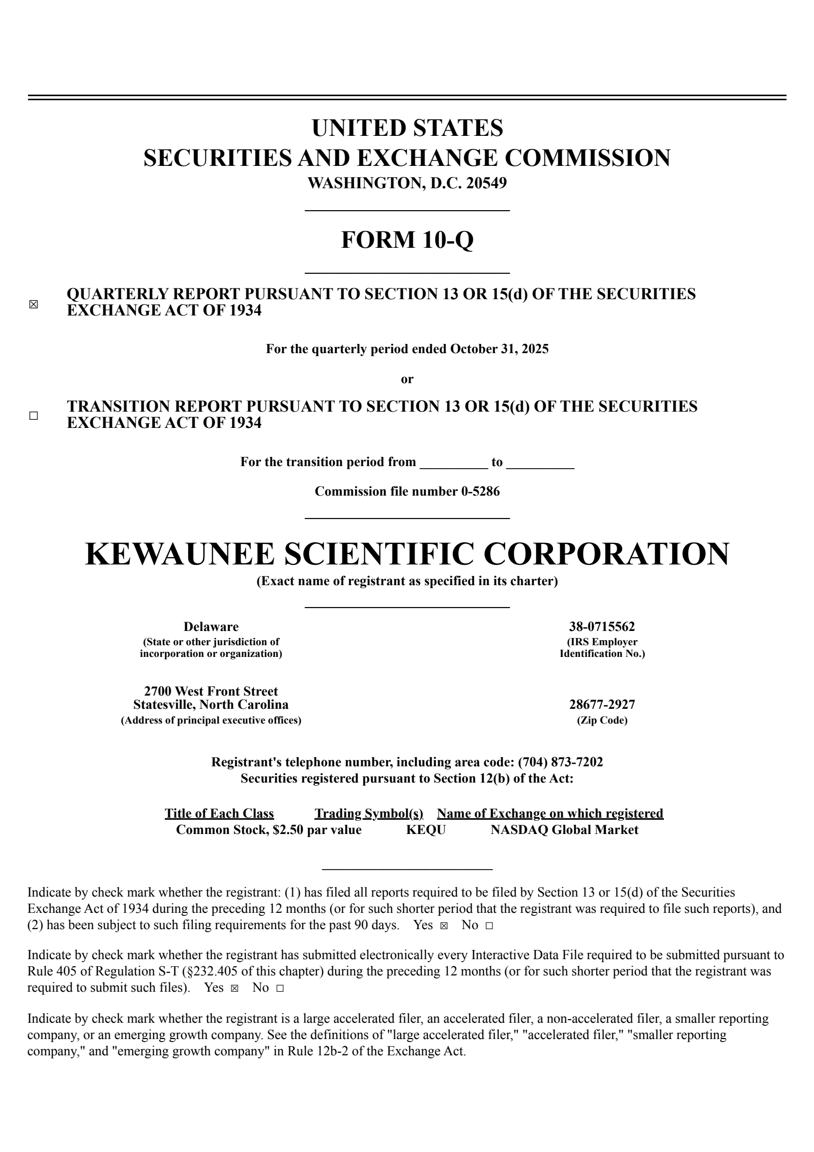 Kewaunee Scientific's Q2 2026 Quarterly Report