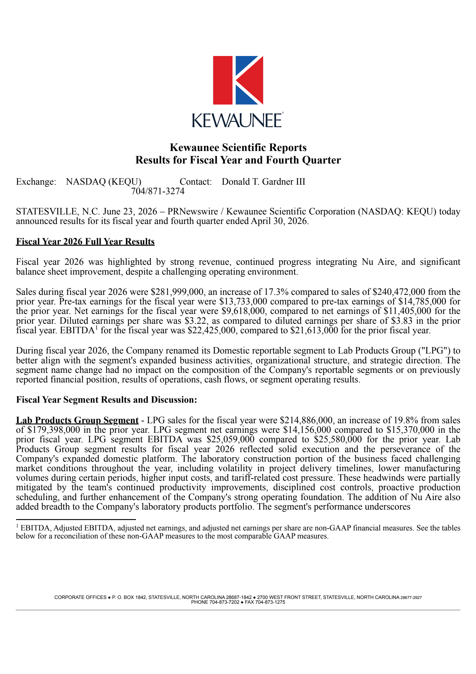 Kewaunee Scientific's Q4 2026 Press Release
