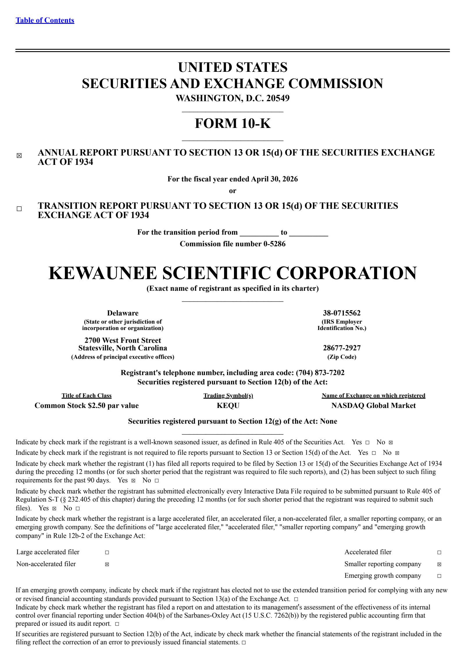 Kewaunee Scientific's Q4 2026 Annual report