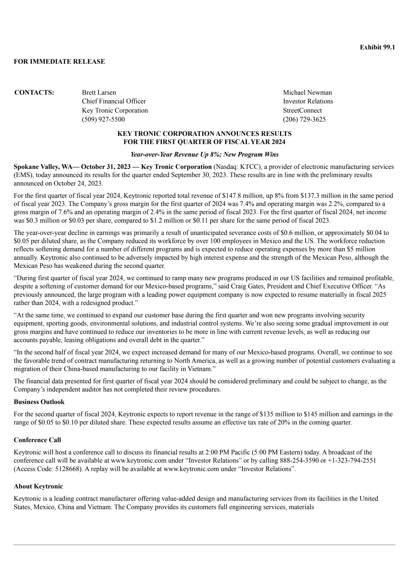 Key Tronic's Q1 2024 Press Release