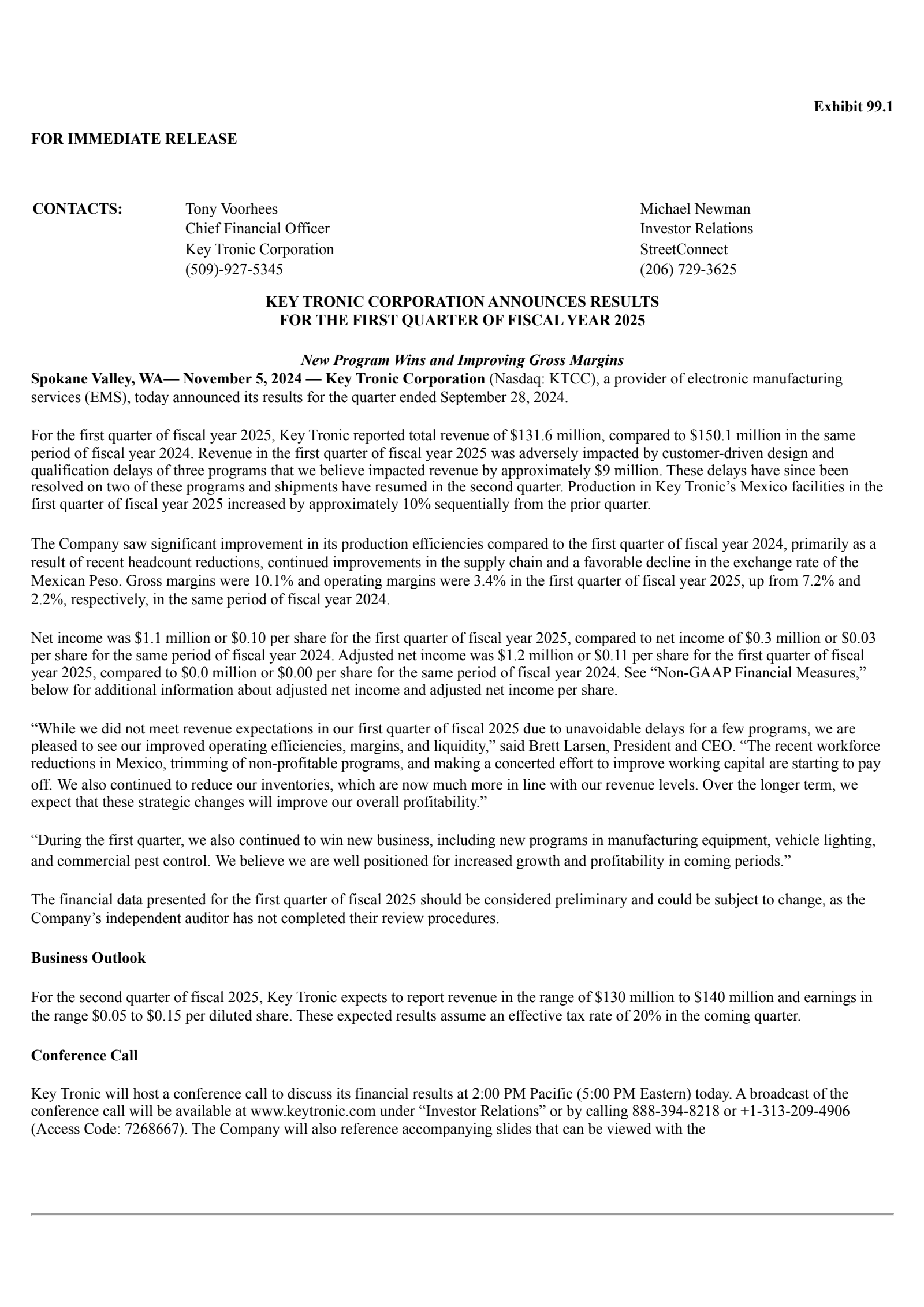 Key Tronic's Q1 2025 Press Release