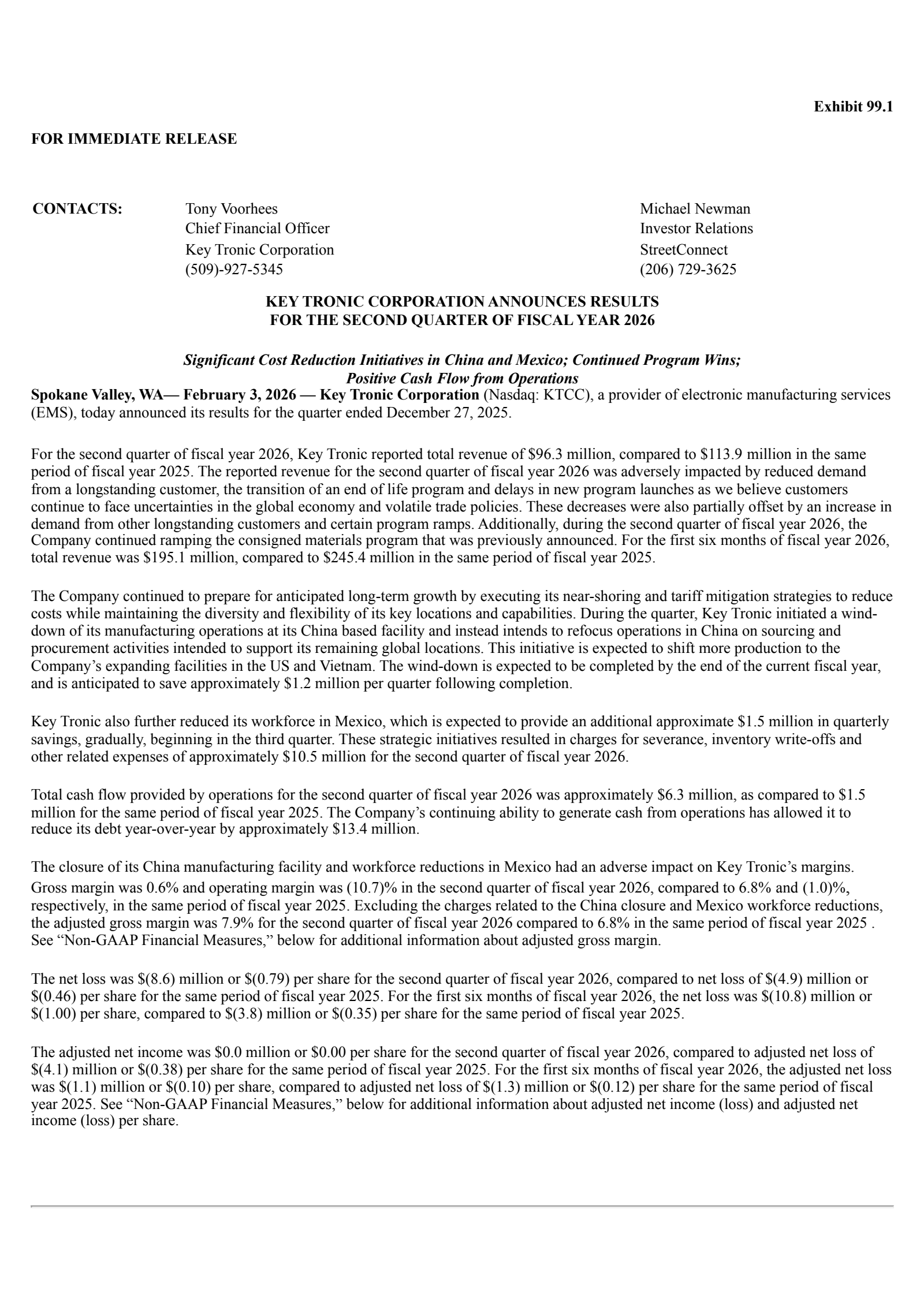 Key Tronic's Q2 2026 Press Release