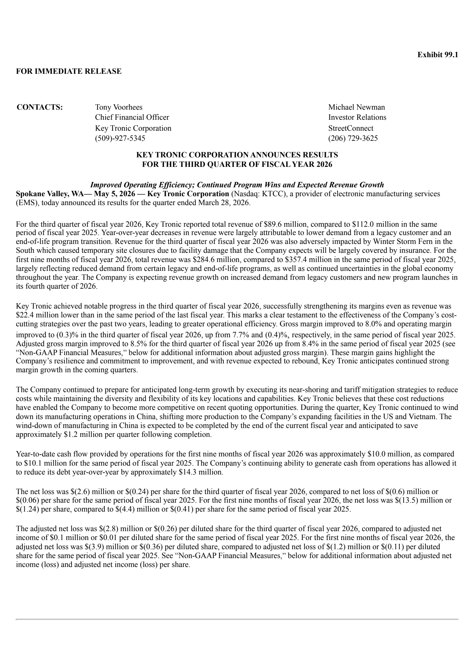 Key Tronic's Q3 2026 Press Release