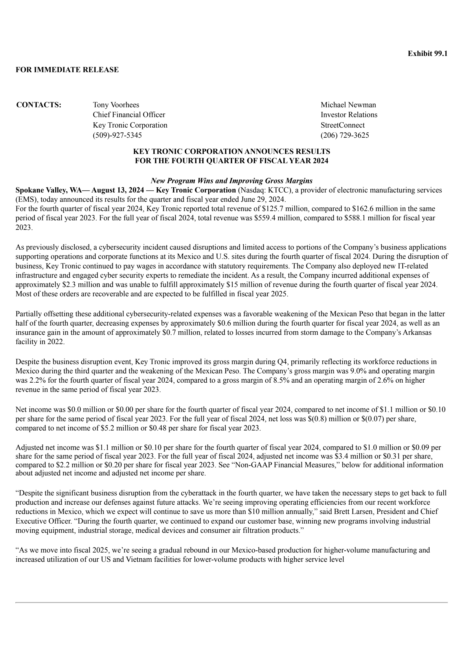 Key Tronic's Q4 2024 Press Release