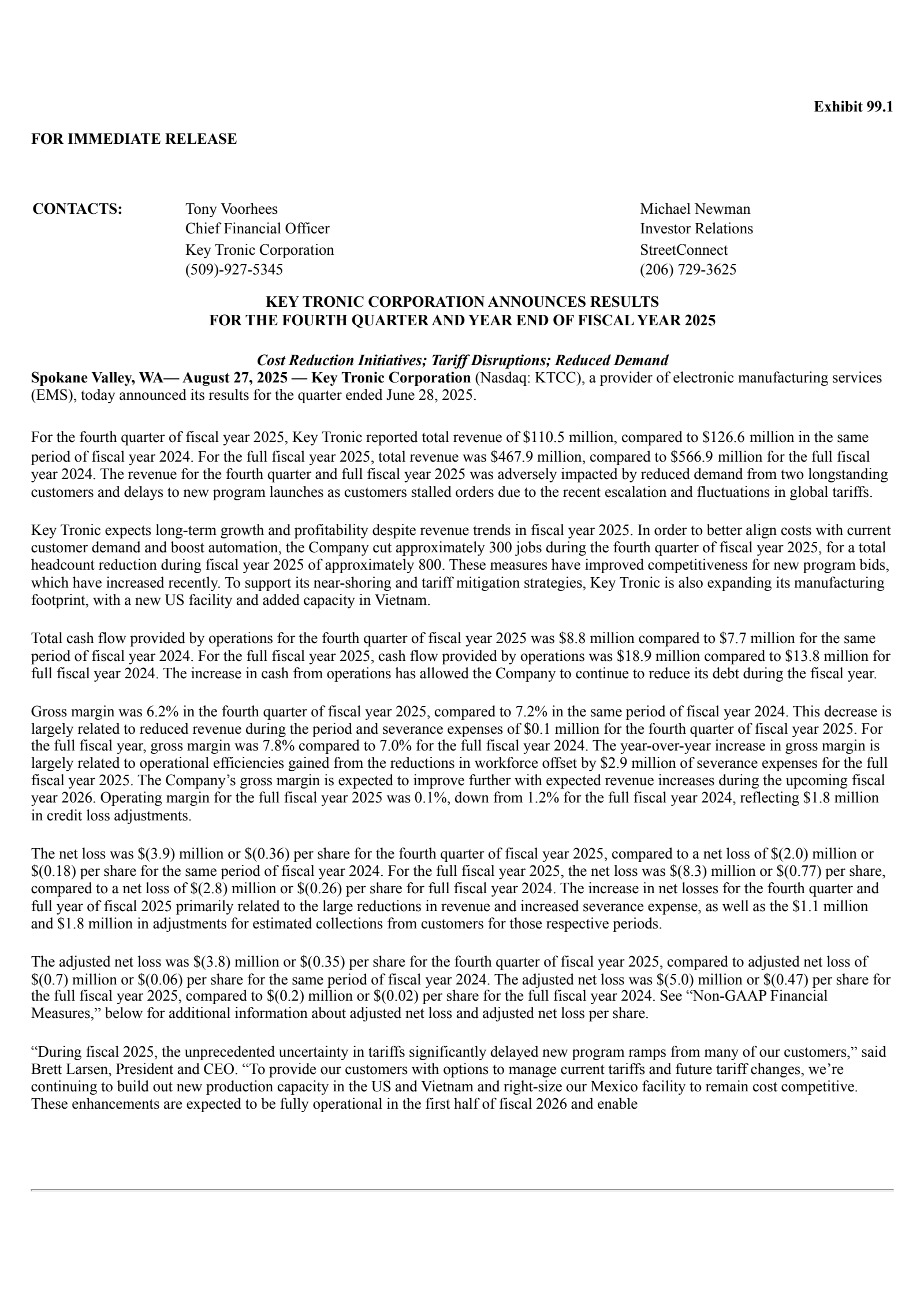Key Tronic's Q4 2025 Press Release