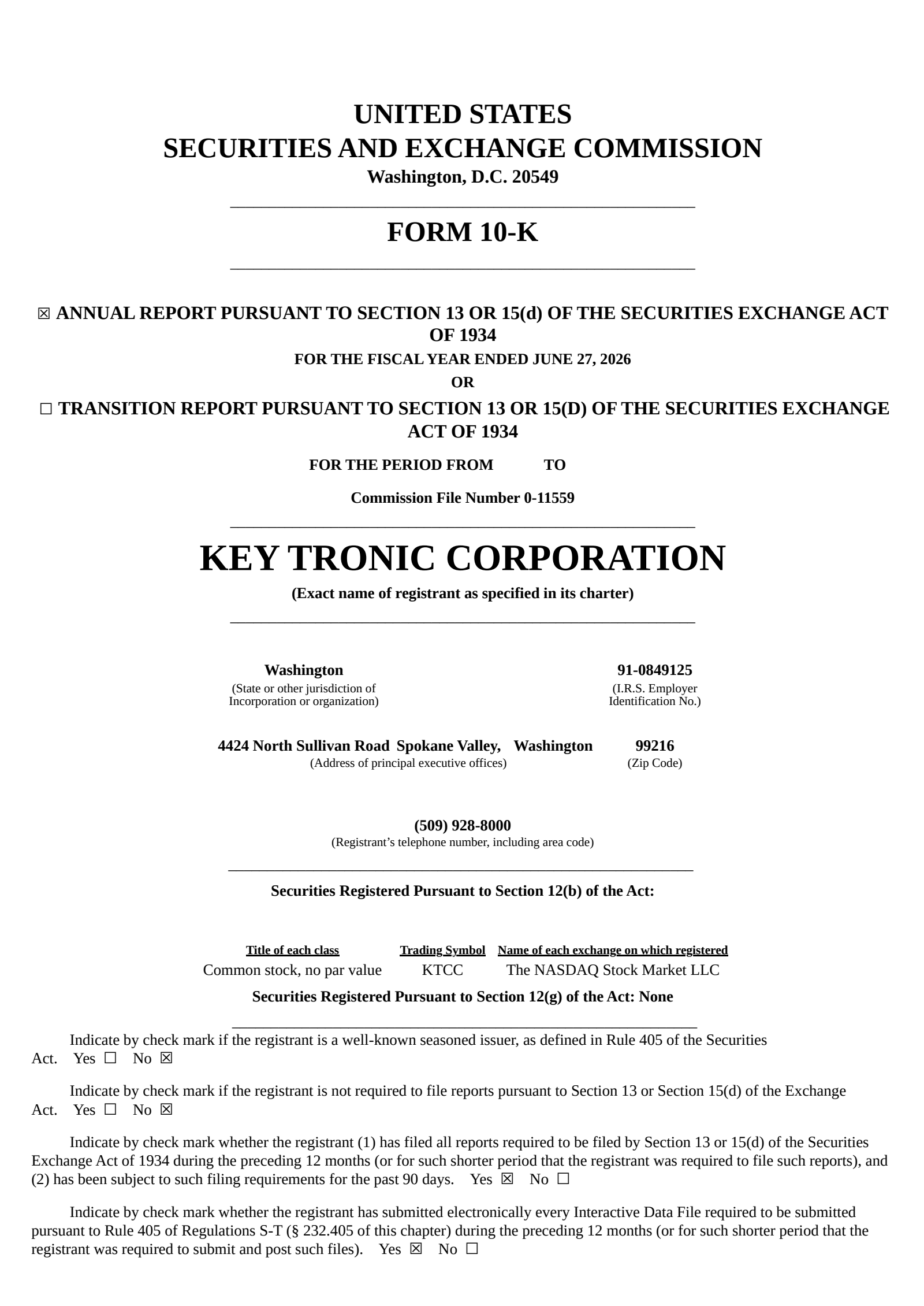 Key Tronic's Q4 2026 Annual report