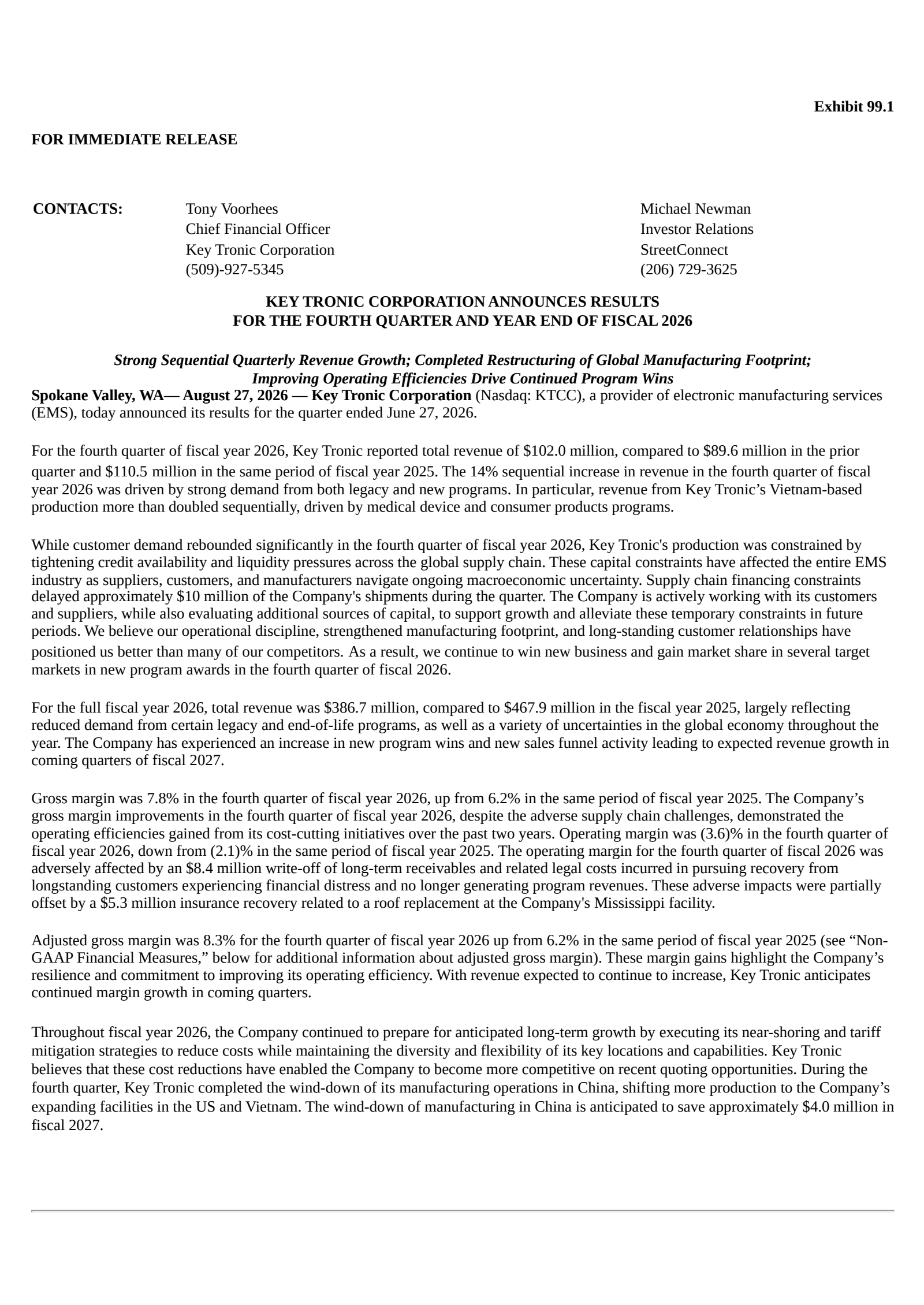 Key Tronic's Q4 2026 Press Release