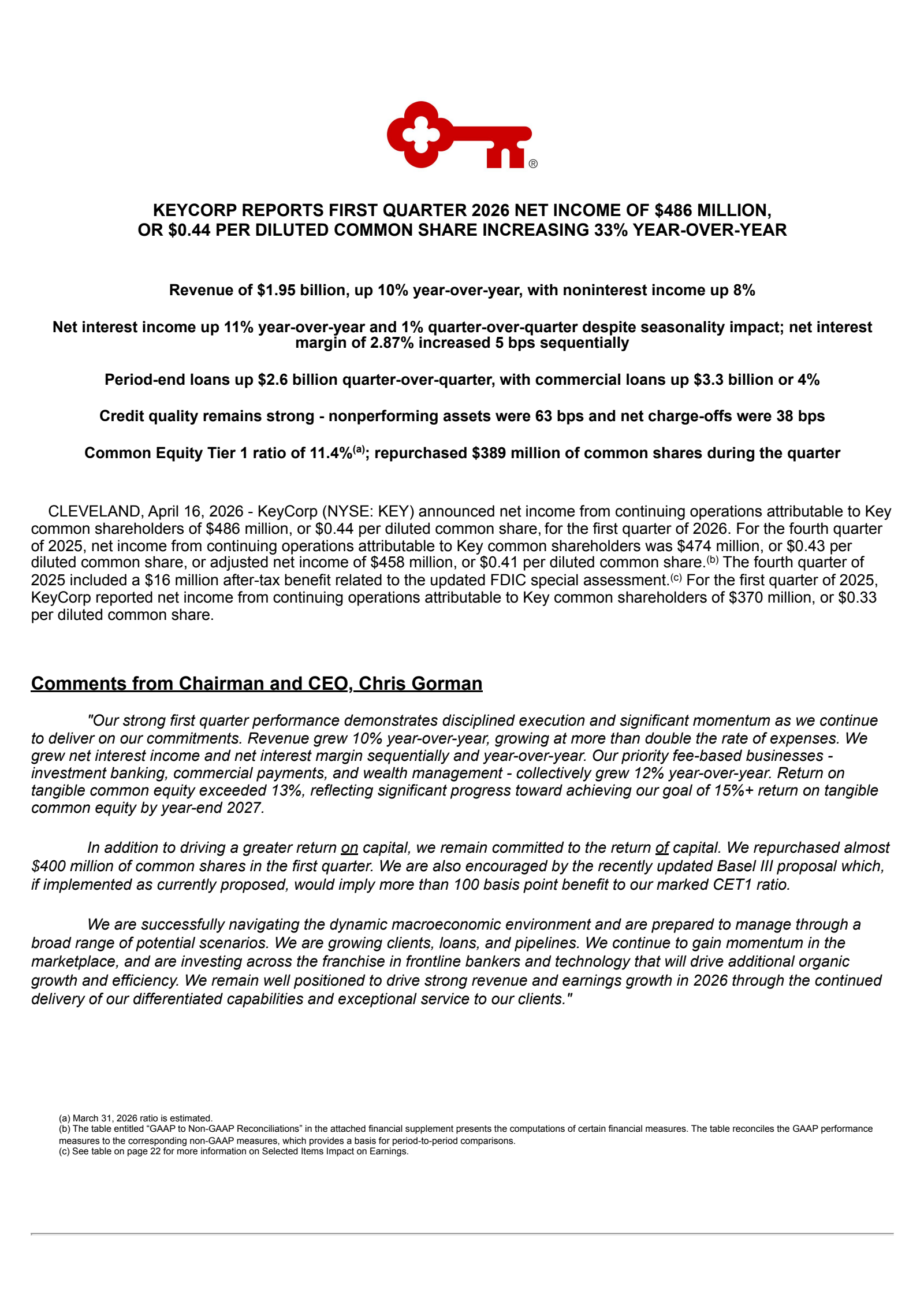 KeyCorp's Q1 2026 Press Release