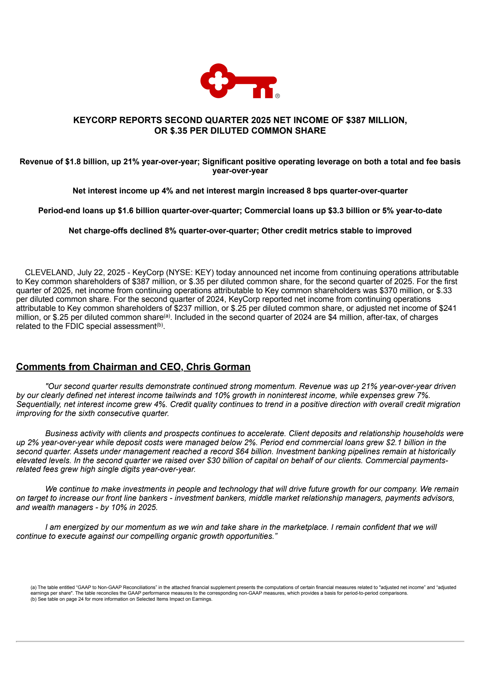 KeyCorp's Q2 2025 Press Release