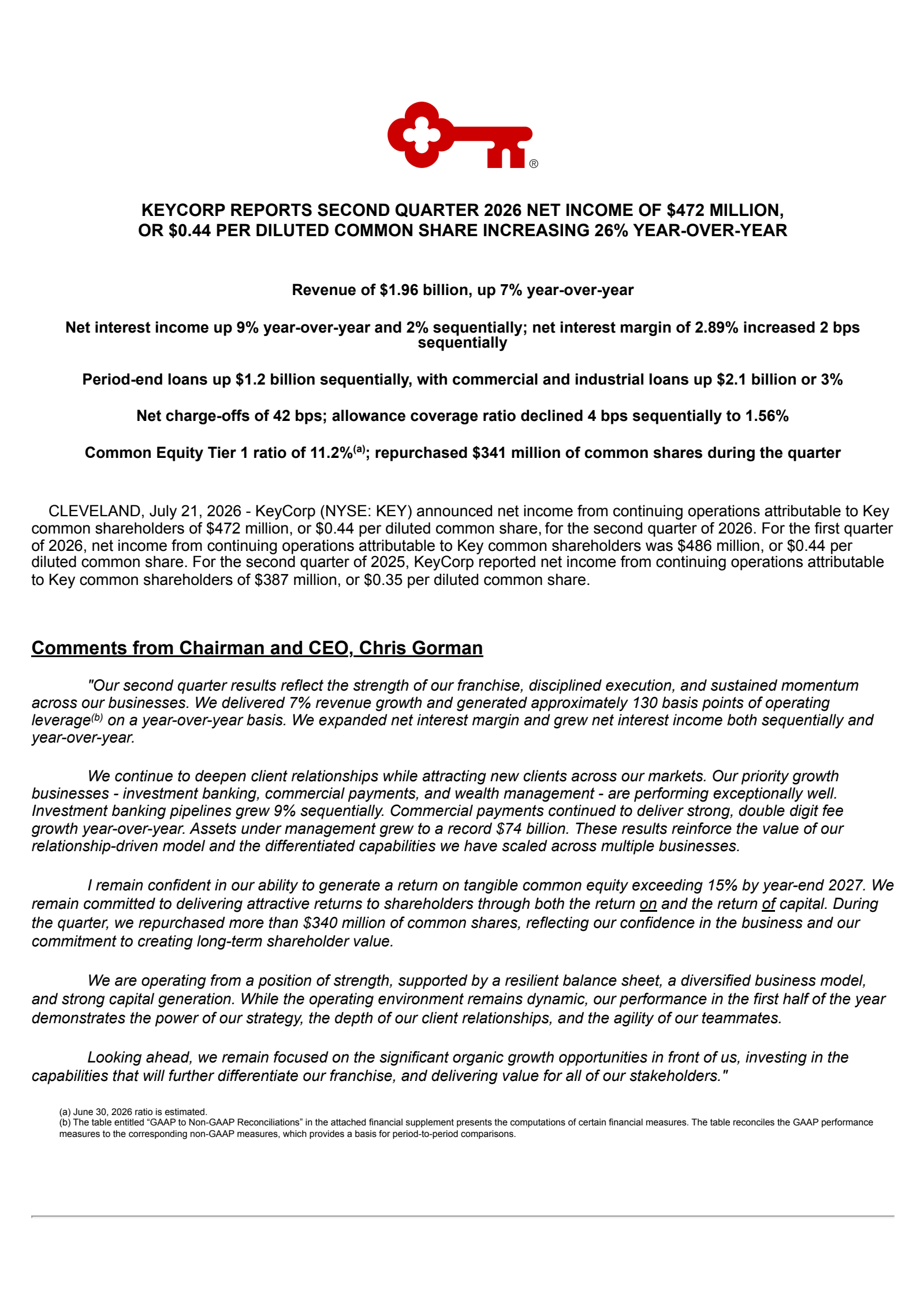 KeyCorp's Q2 2026 Press Release