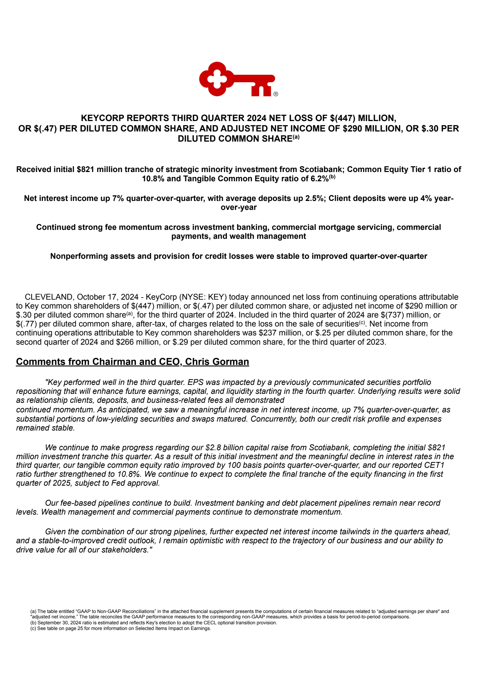 KeyCorp's Q3 2024 Earnings Release