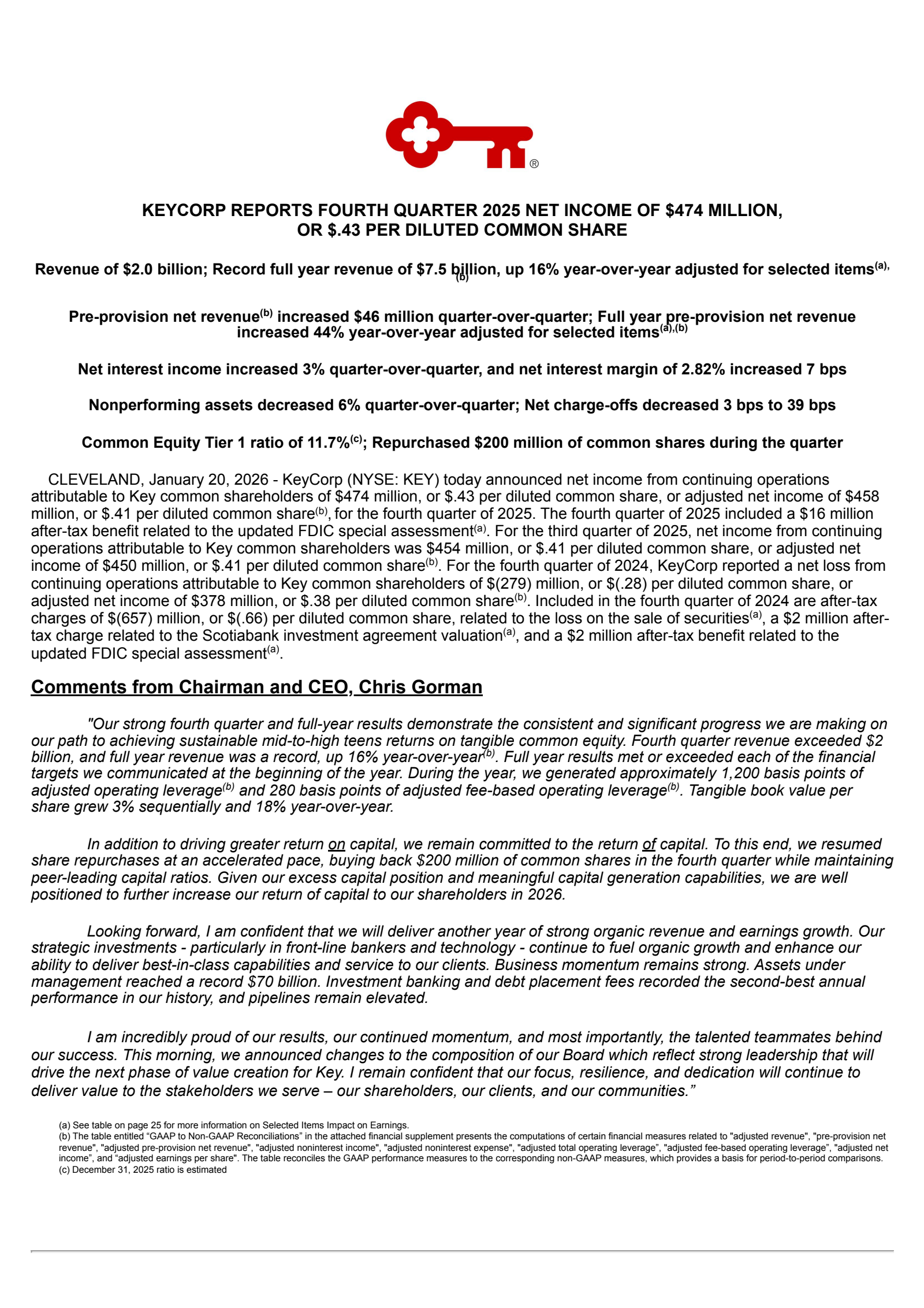 KeyCorp's Q4 2025 Press Release