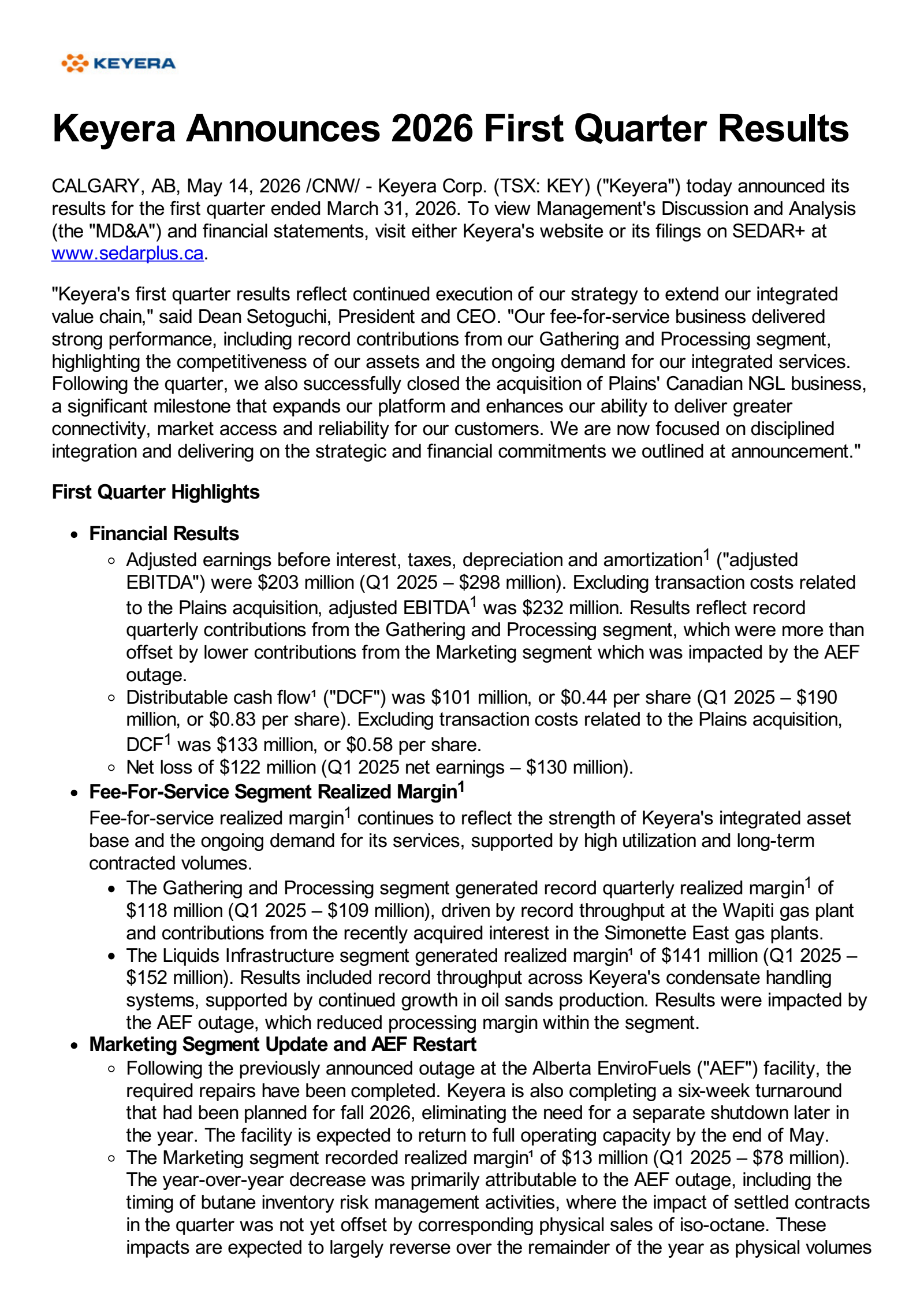 Keyera Log KEY Q1 2026 Earnings Report on 5/14/2026