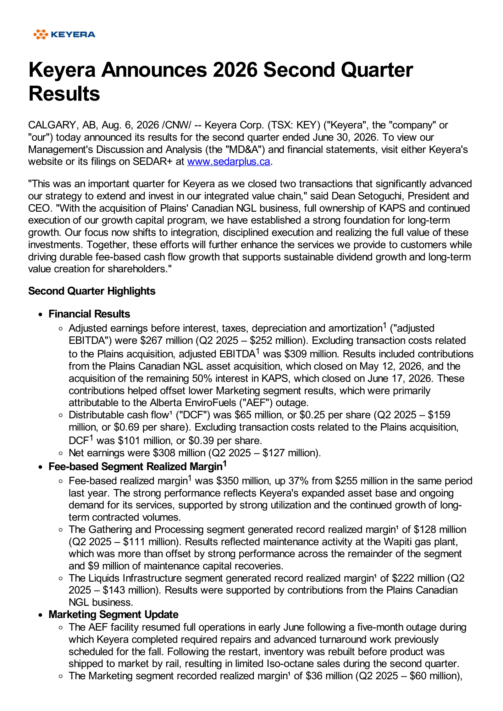 Keyera's Q2 2026 Press Release