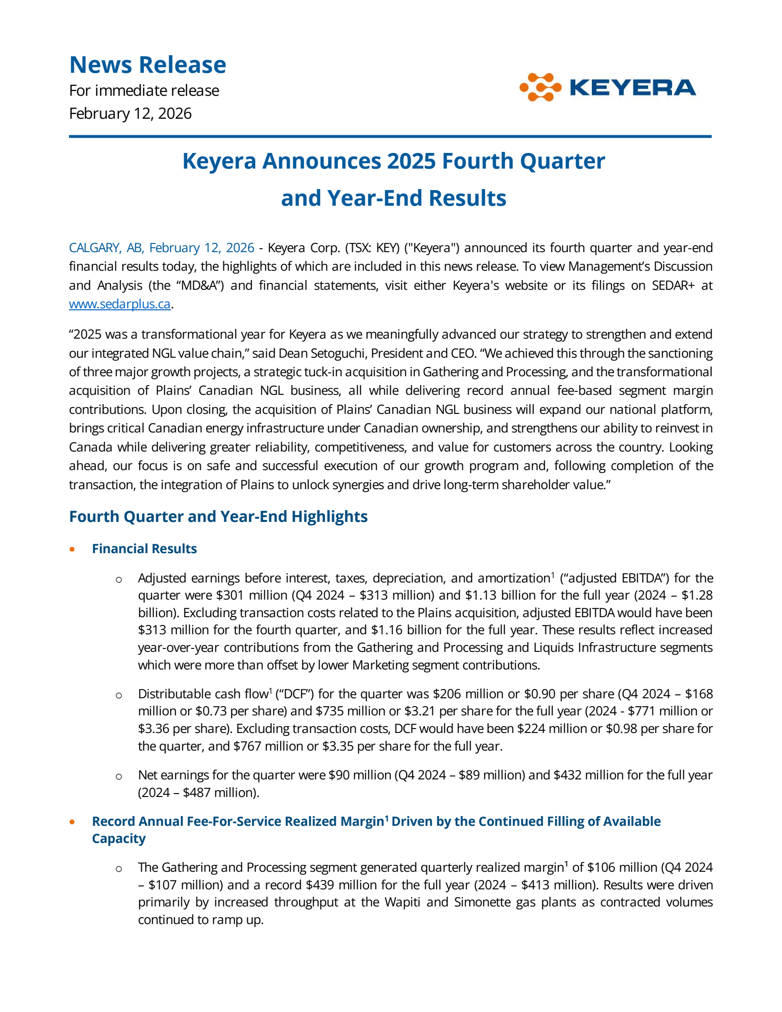 Keyera Log KEY Q4 2025 Earnings Report on 2/12/2026
