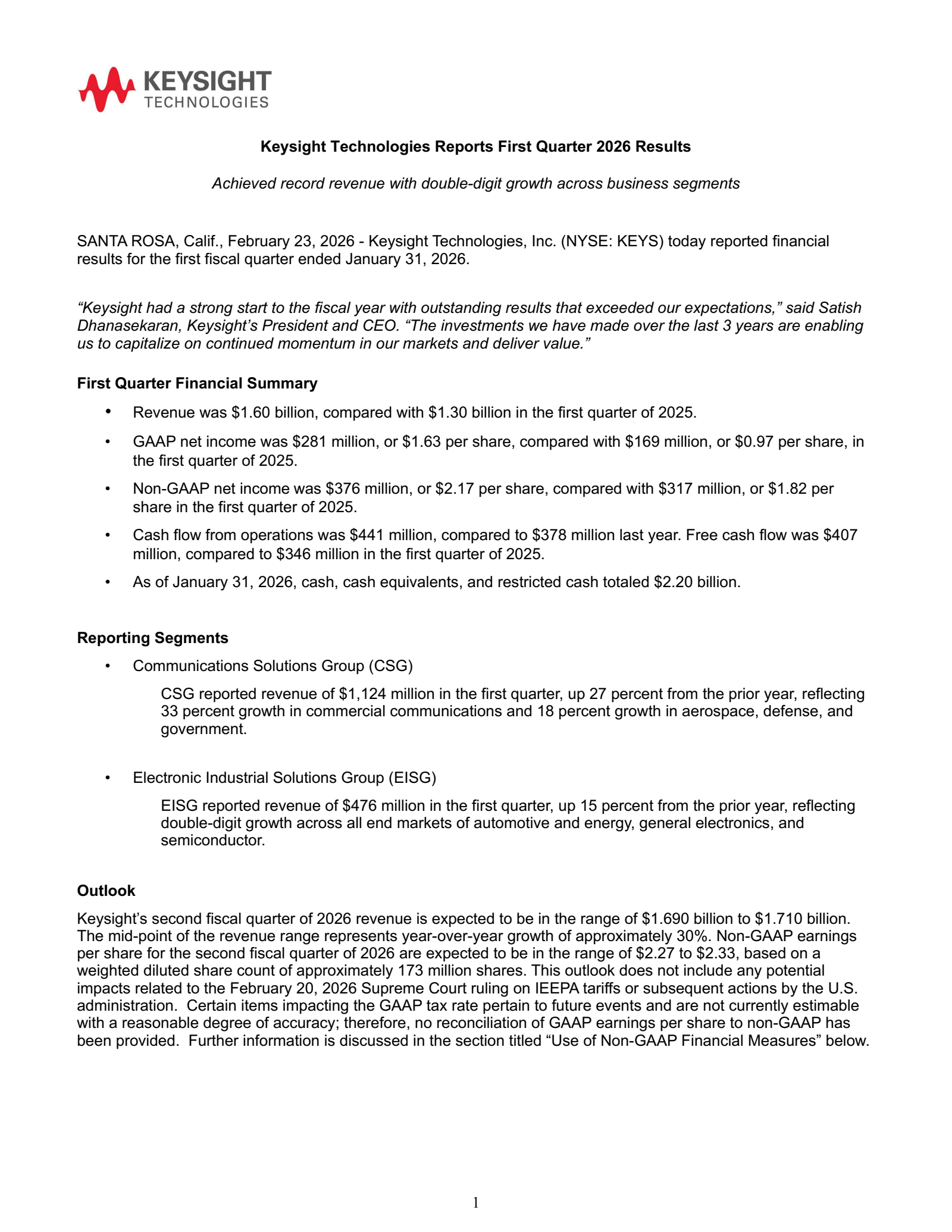 Keysight Technologies' Q1 2026 Press Release