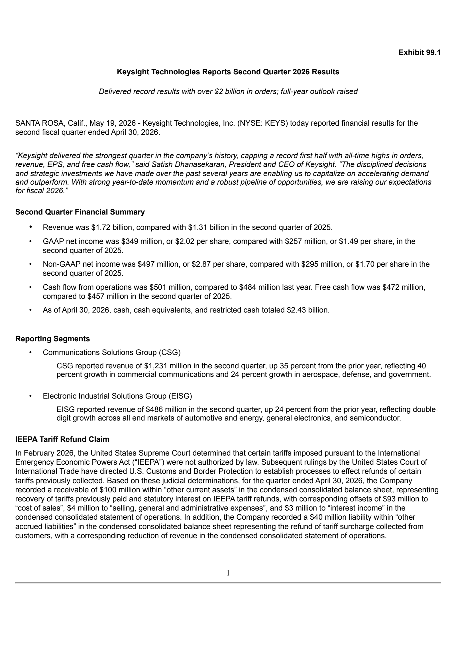 Keysight Technologies' Q2 2026 Press Release