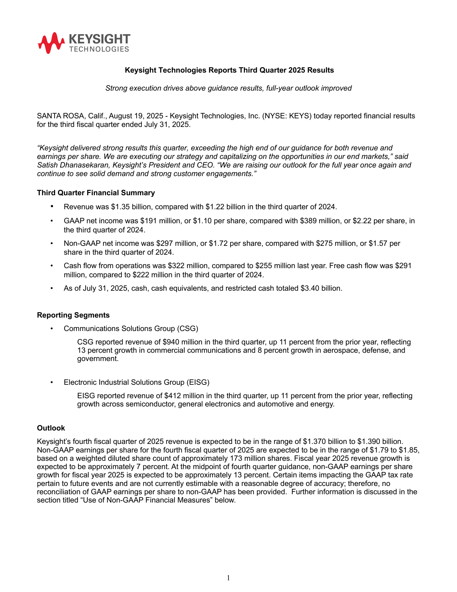 Keysight Technologies' Q3 2025 Press Release