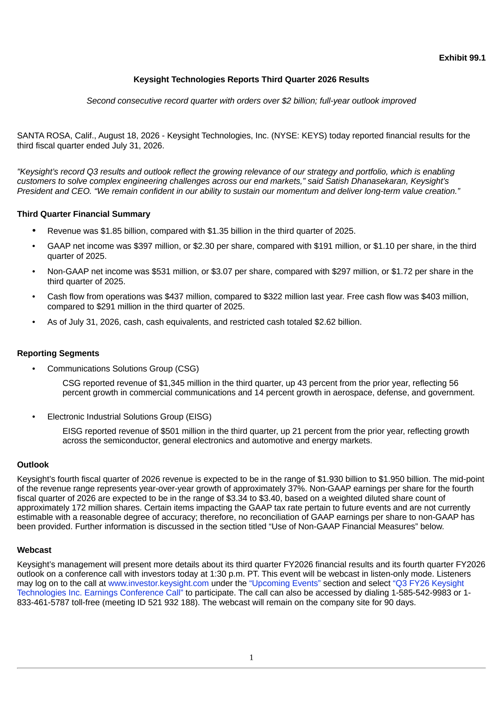 Keysight Technologies' Q3 2026 Press Release