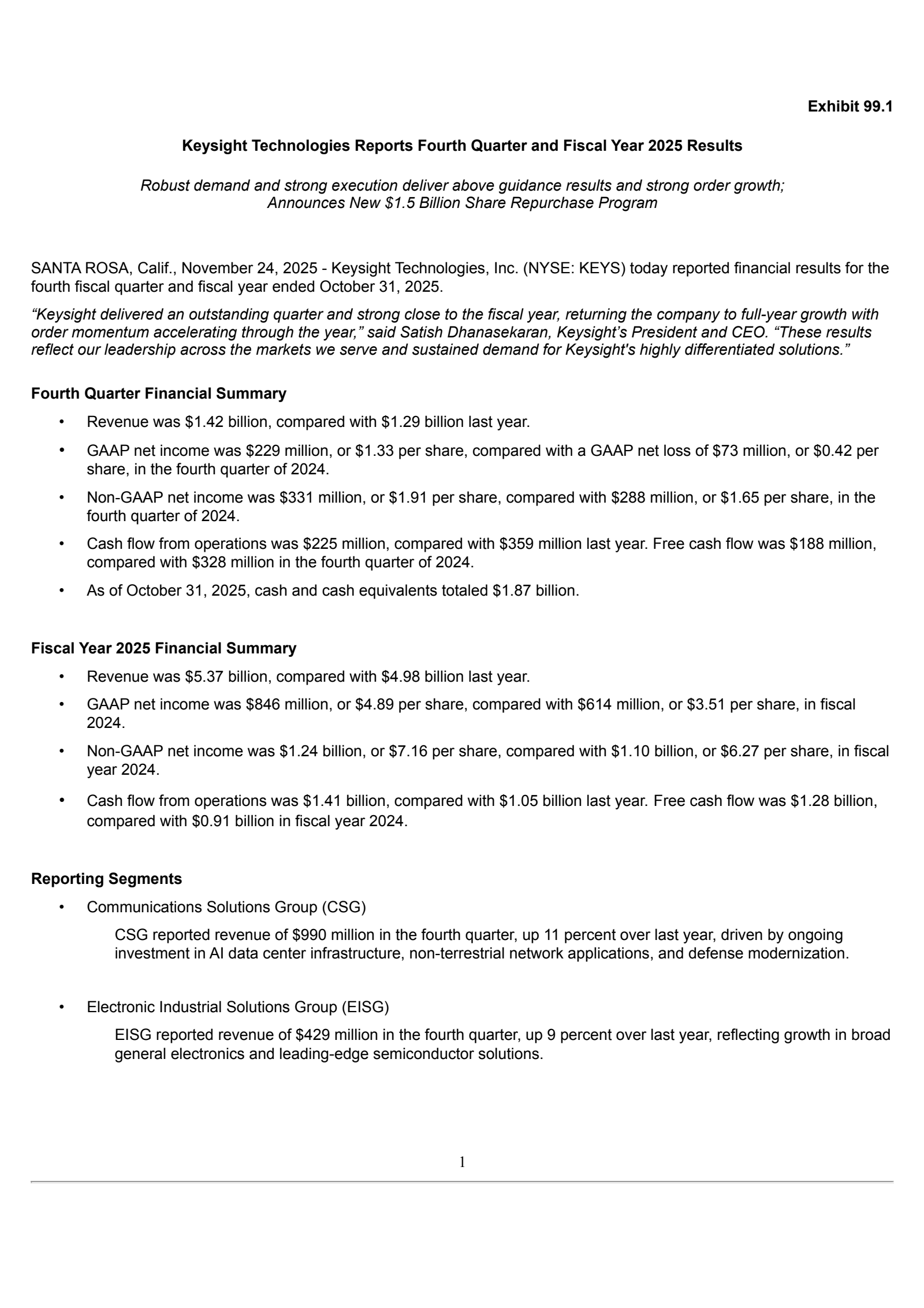 Keysight Technologies' Q4 2025 Earnings Release