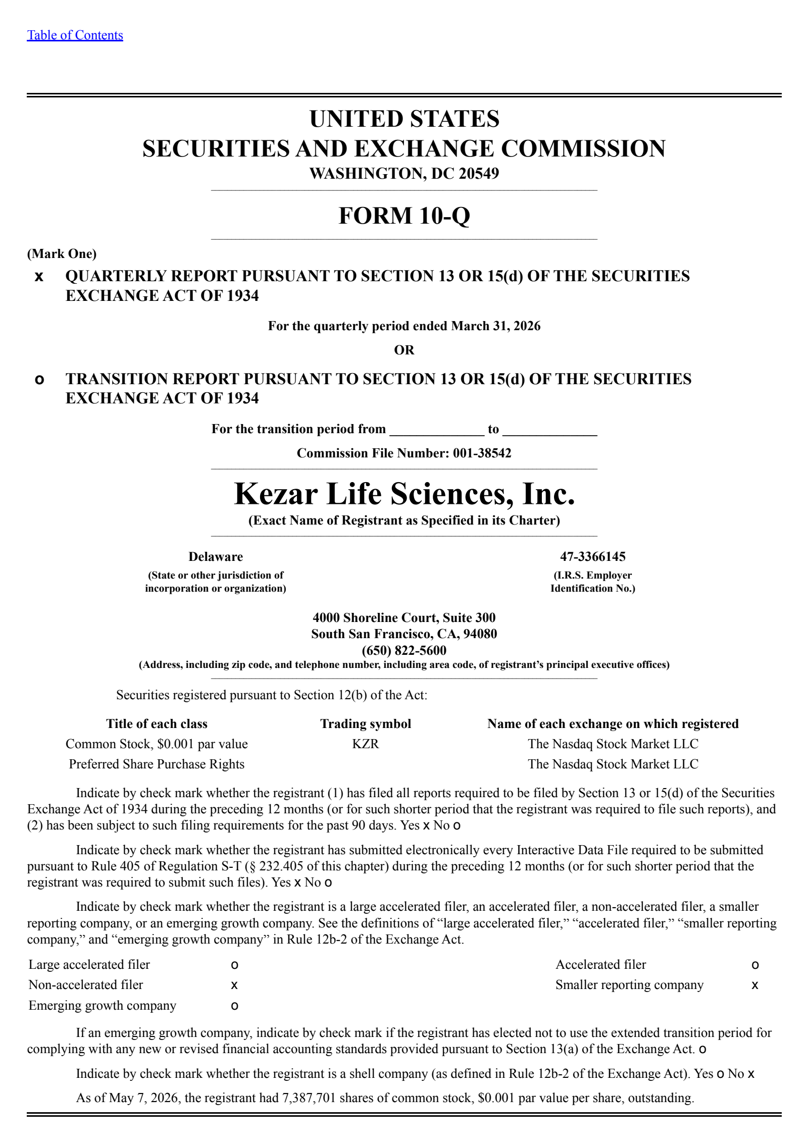Kezar Life Sciences' Q1 2026 Quarterly report
