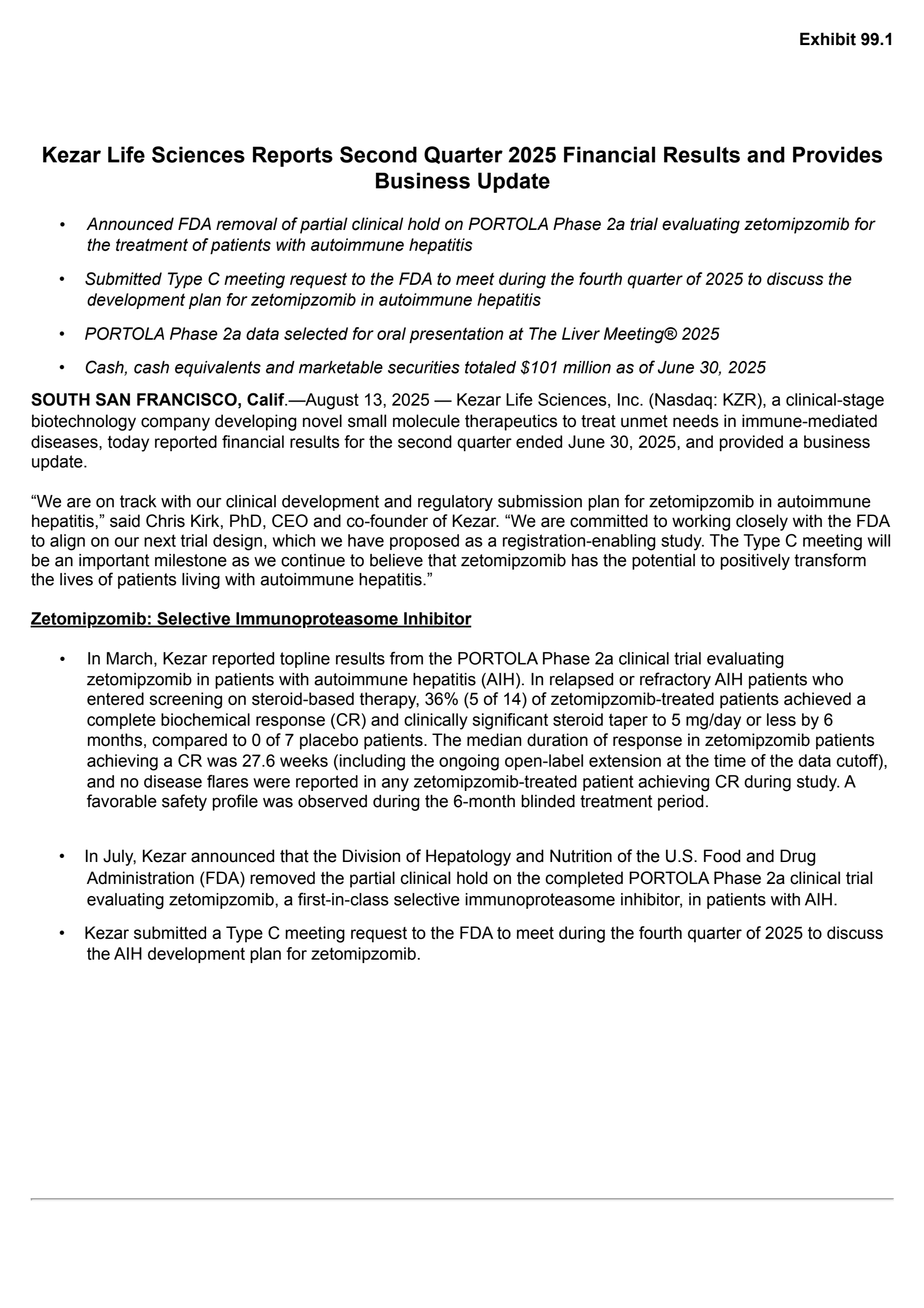 Kezar Life Sciences' Q2 2025 Press Release