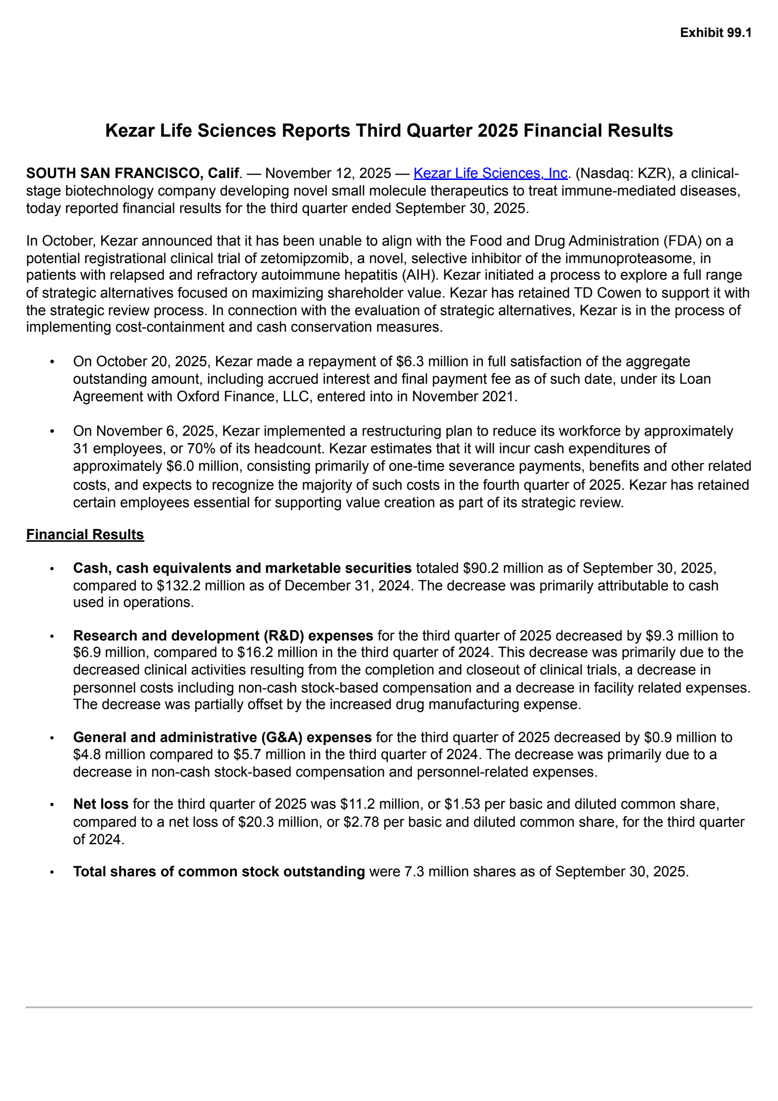 Kezar Life Sciences' Q3 2025 Earnings Release