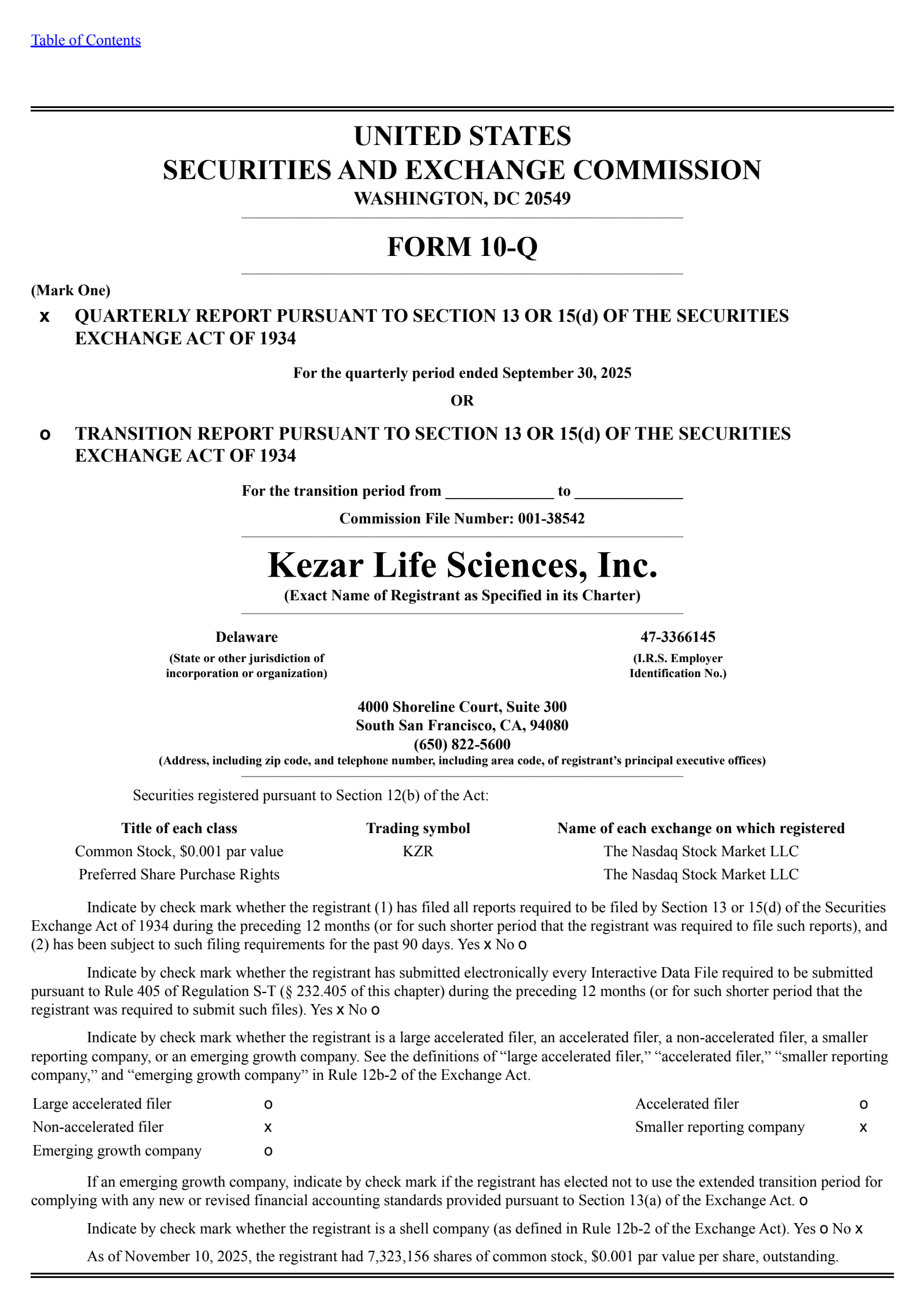 Kezar Life Sciences' Q3 2025 Quarterly Report
