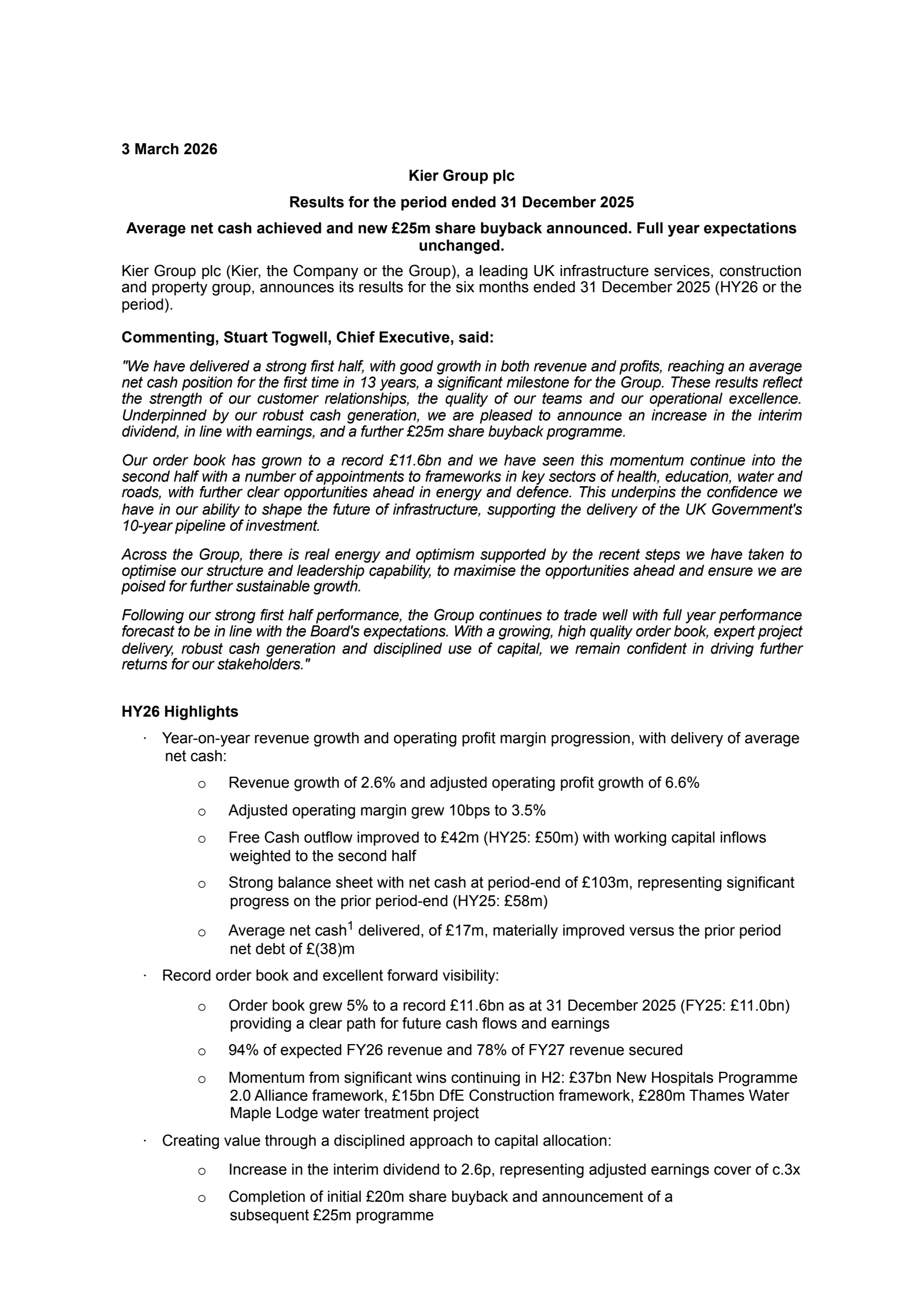 Kier Group's H1 2026 Interim report