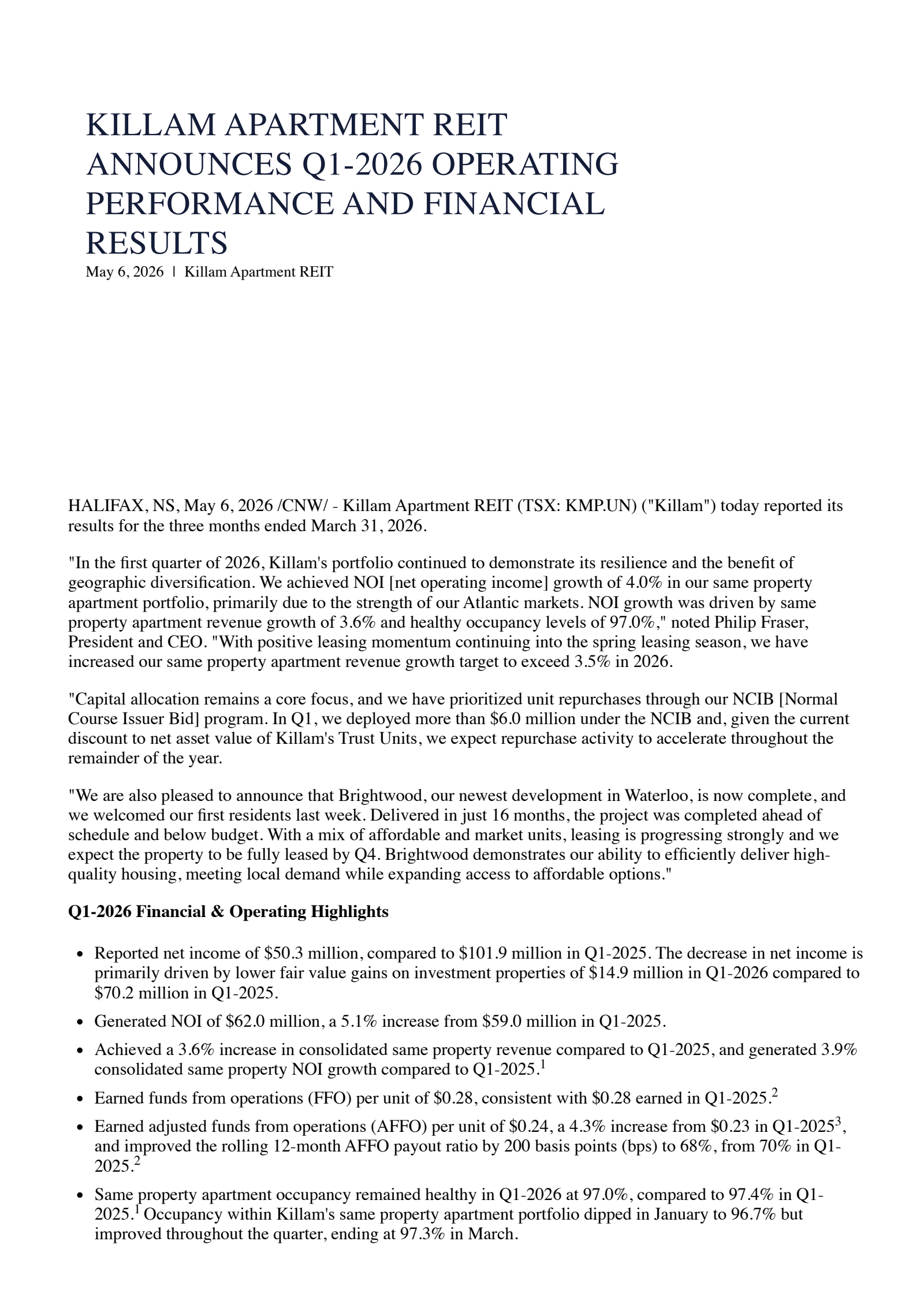 Killam Apartment REIT's Q1 2026 Press Release
