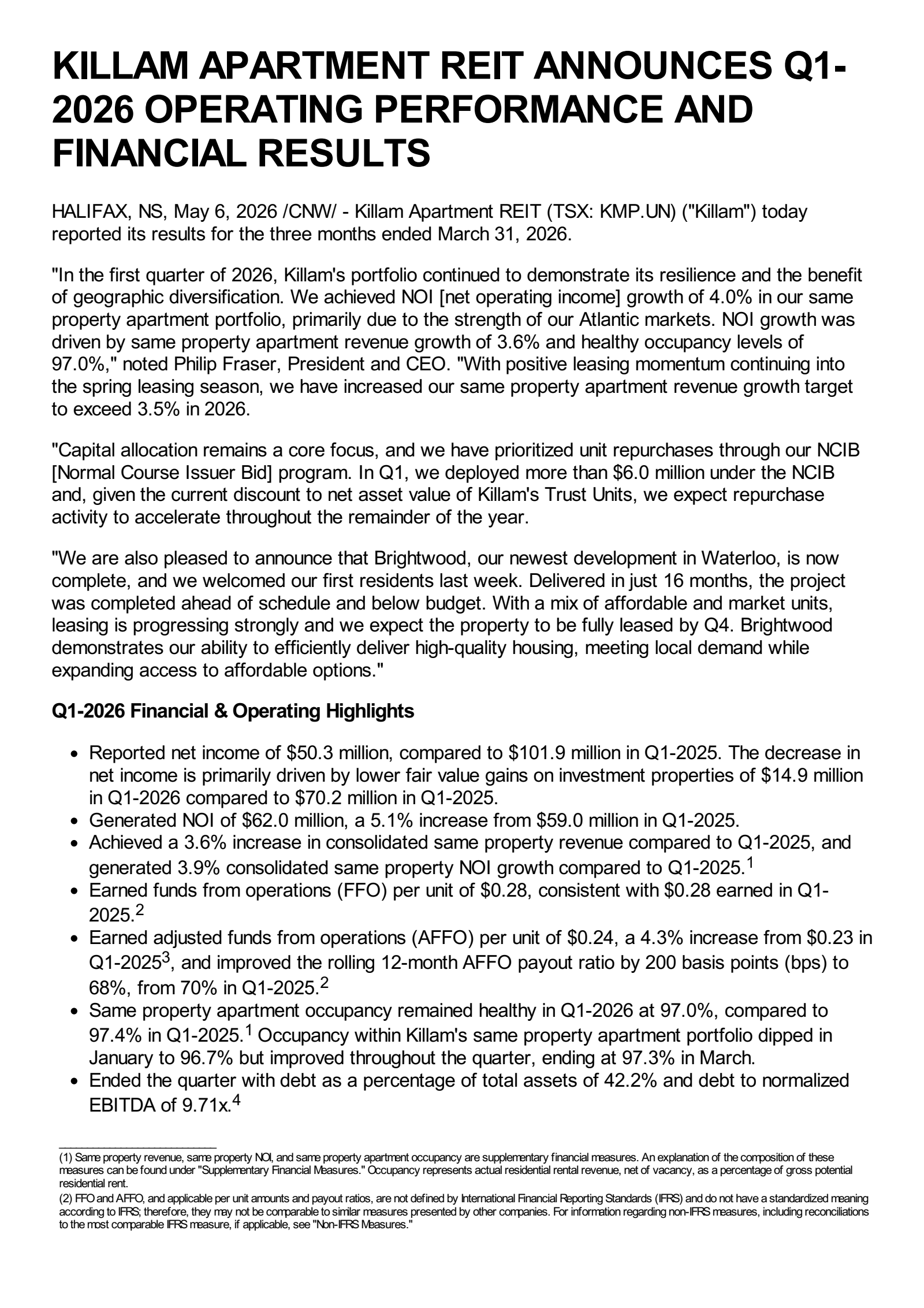 Killam Apartment REIT's Q1 2026 Press Release
