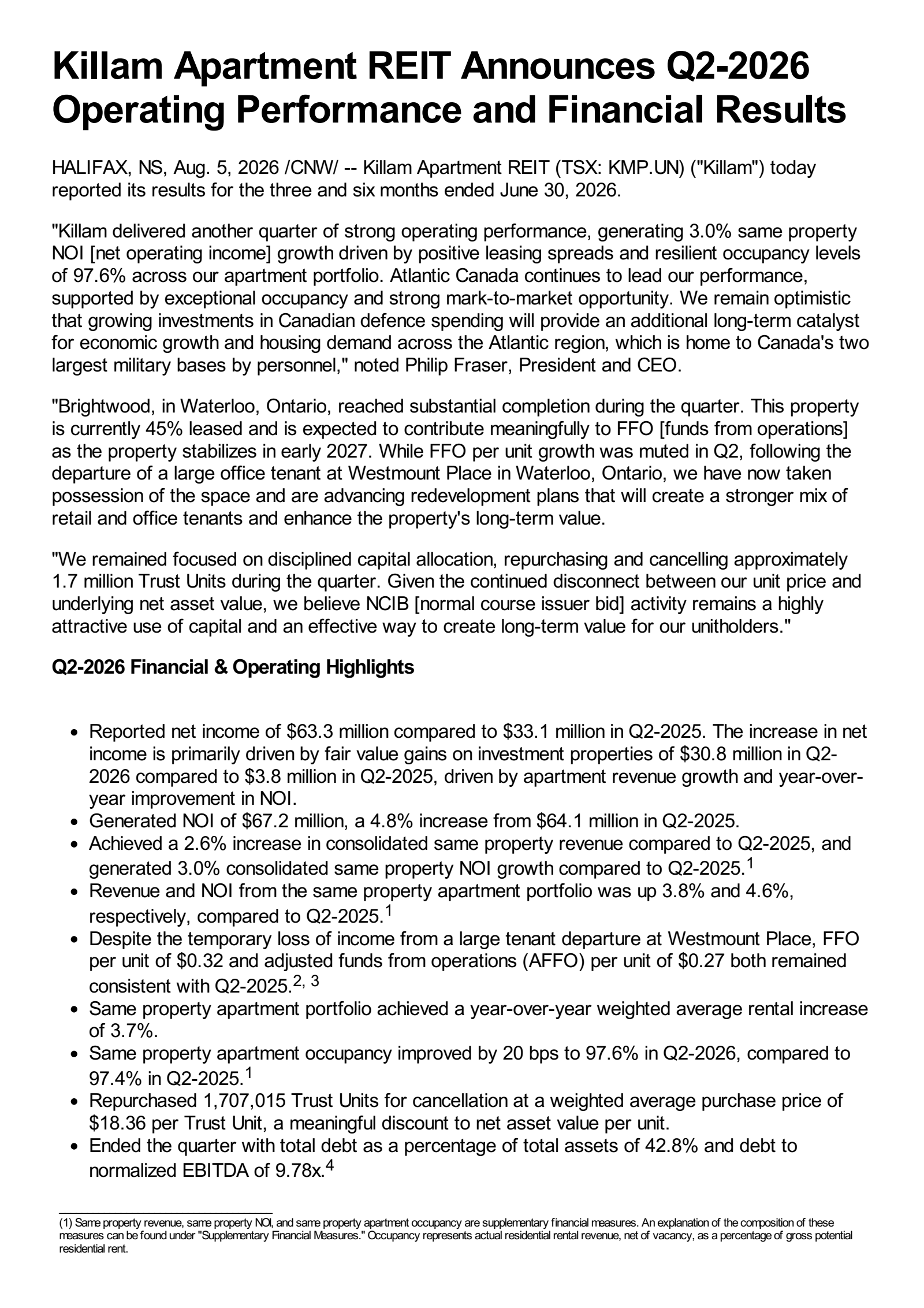Killam Apartment REIT's Q2 2026 Press Release