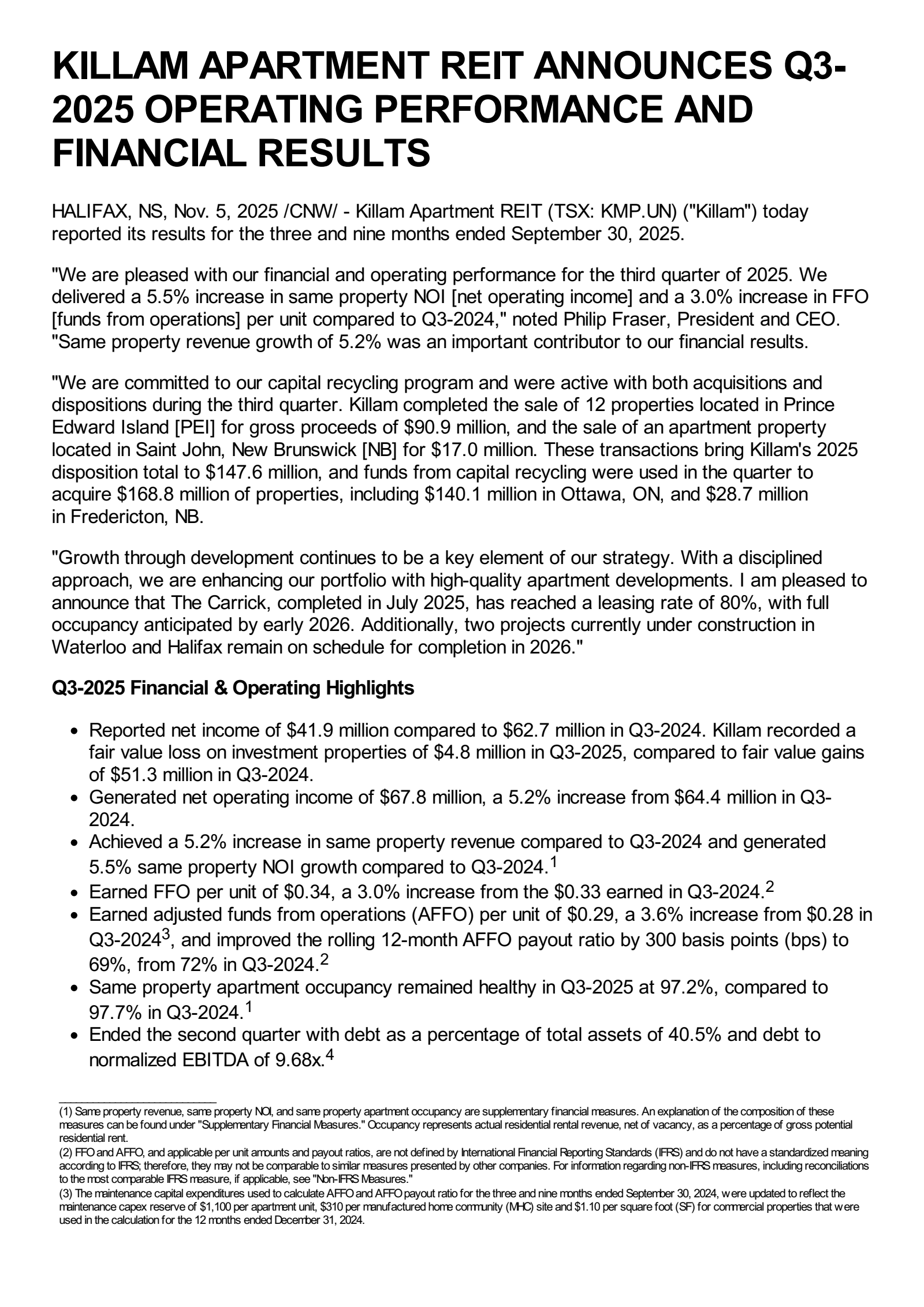 Killam Apartment REIT's Q3 2025 Earnings Release