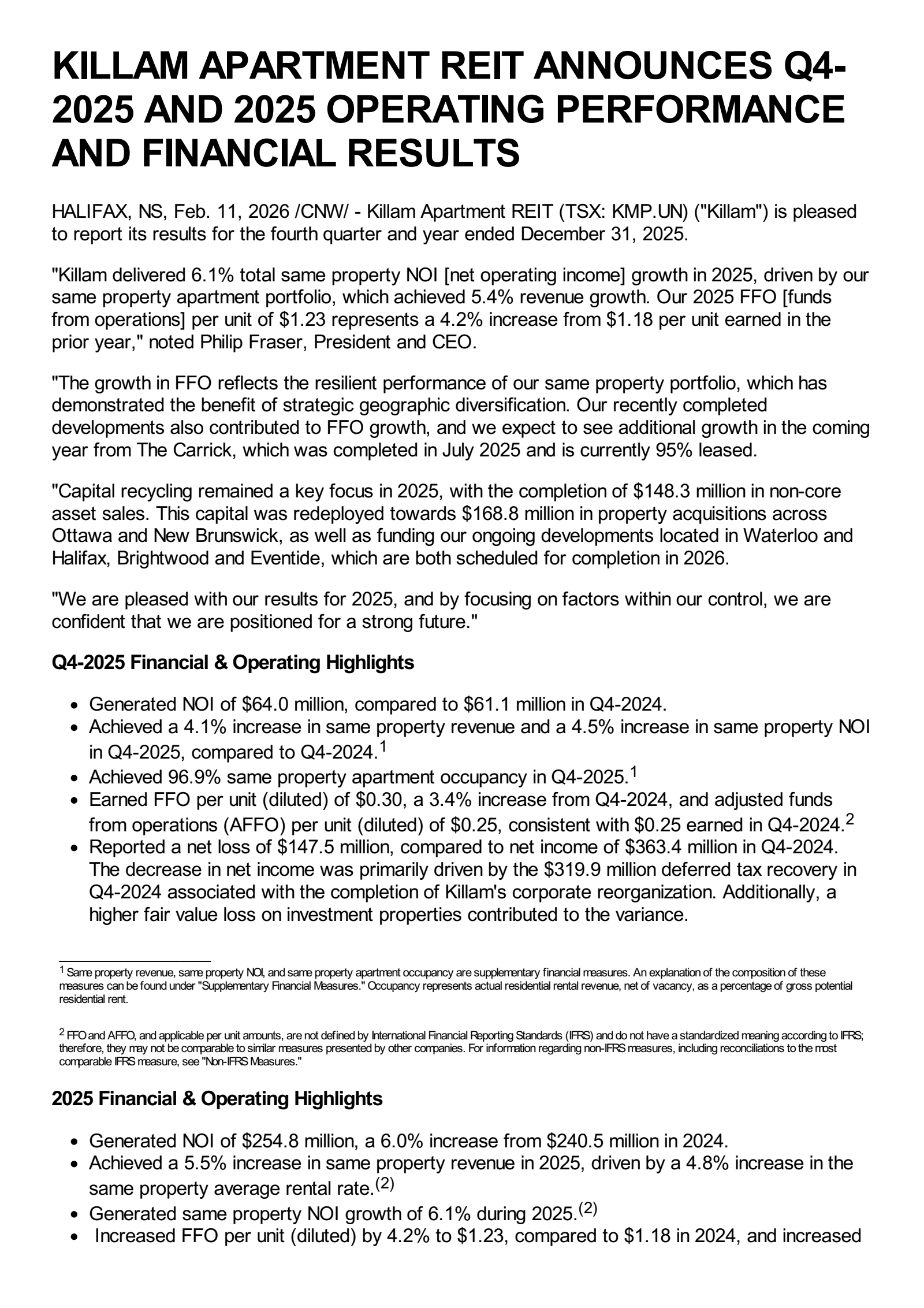 Killam Apartment REIT's Q4 2025 Press Release
