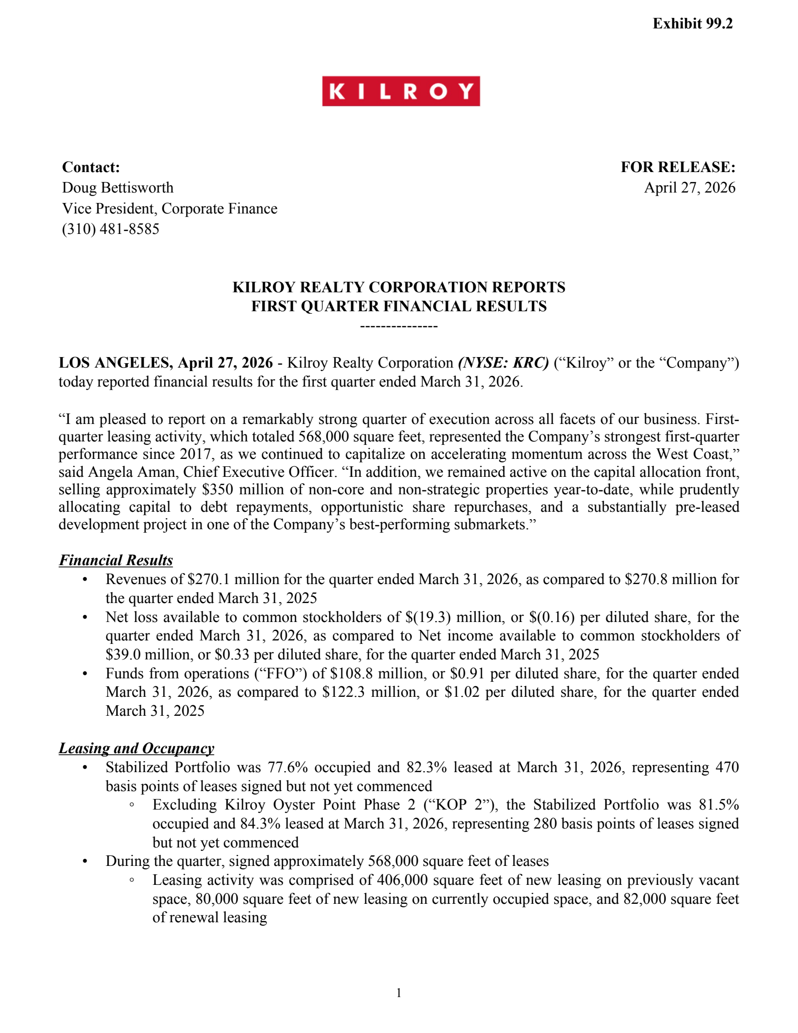 Kilroy Realty's Q1 2026 Press Release