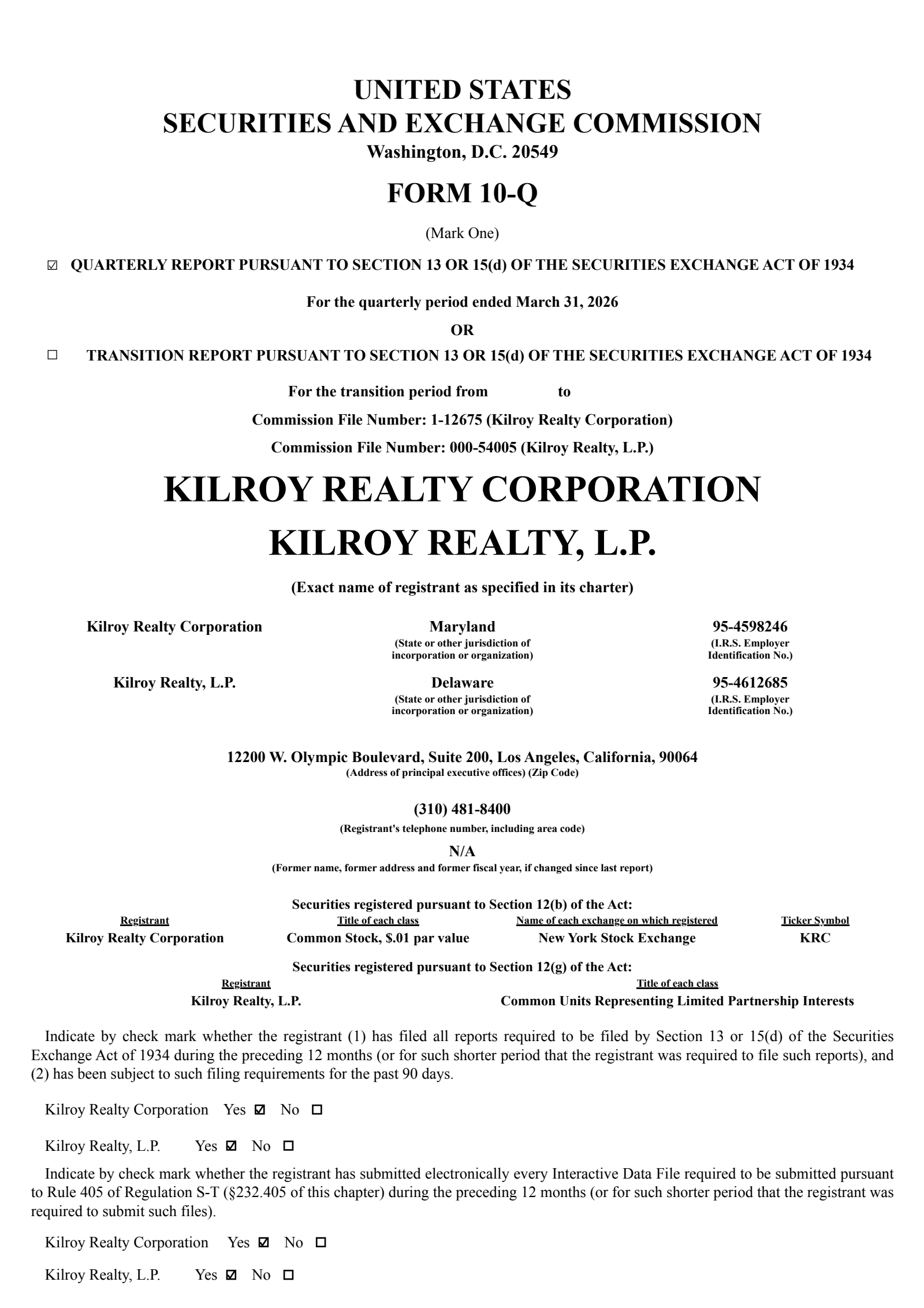 Kilroy Realty's Q1 2026 Quarterly report