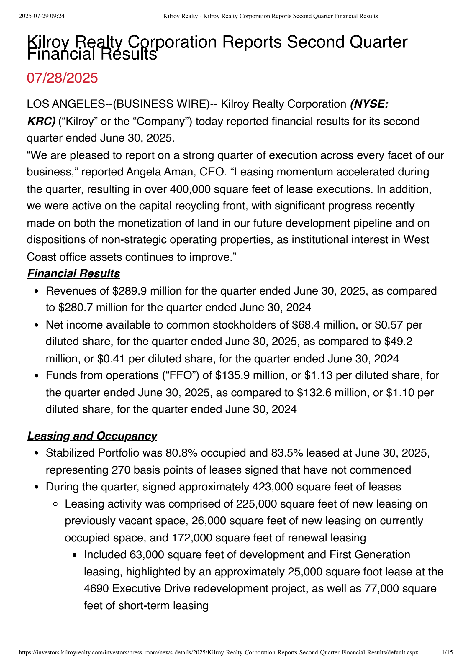 Kilroy Realty's Q2 2025 Press Release
