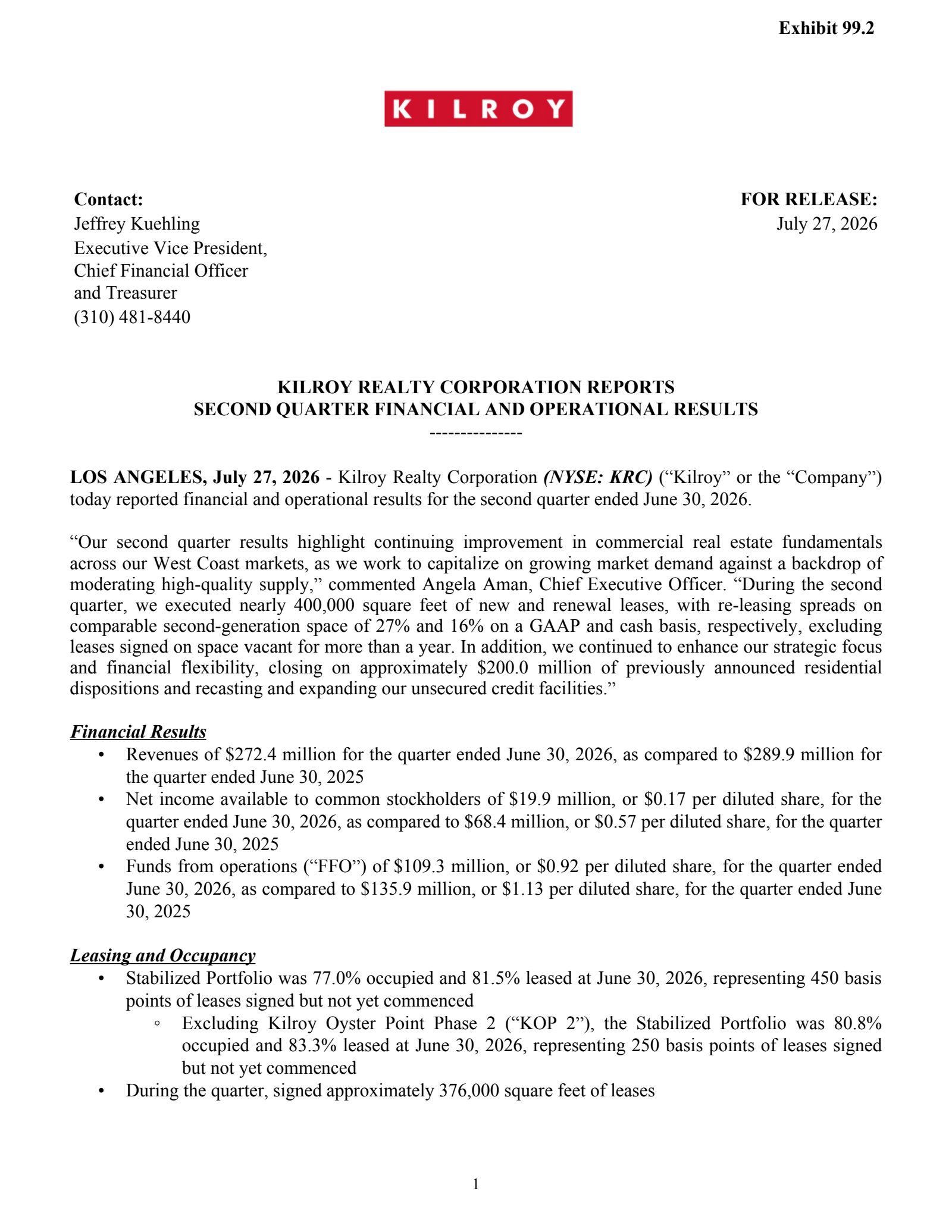 Kilroy Realty's Q2 2026 Press Release