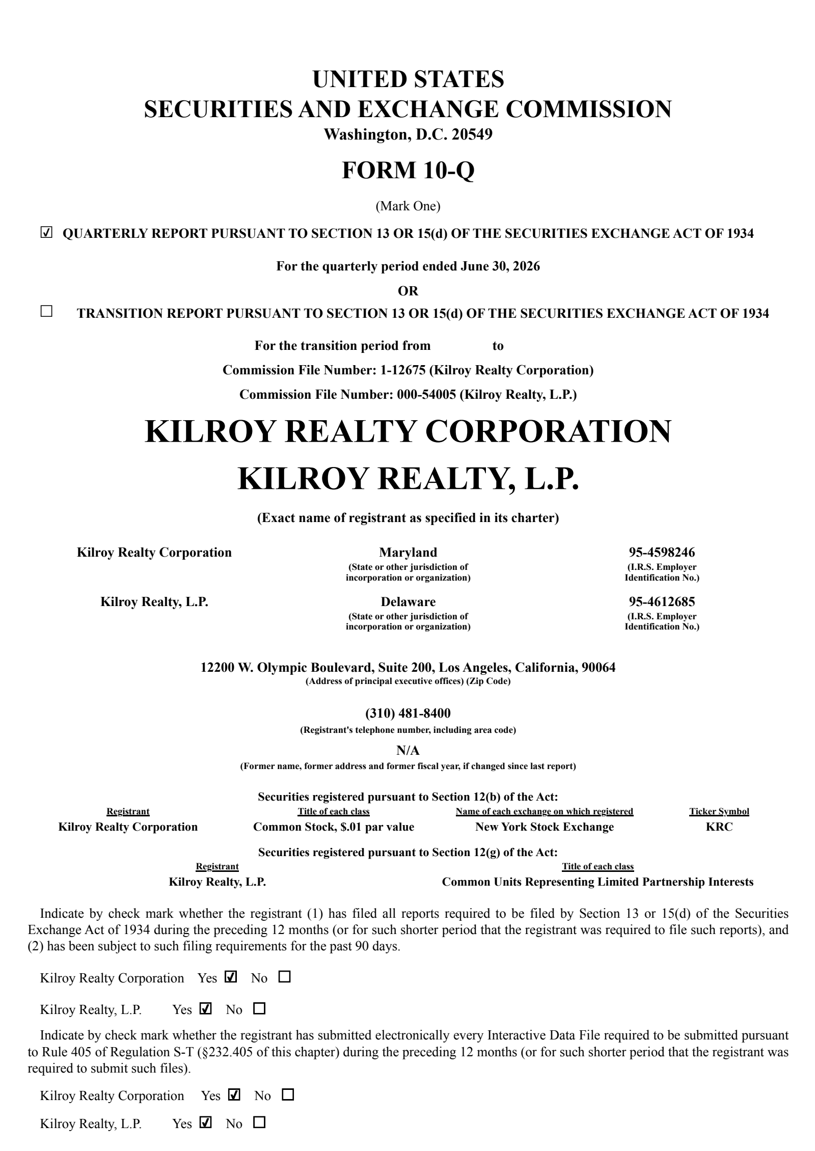 Kilroy Realty's Q2 2026 Quarterly report
